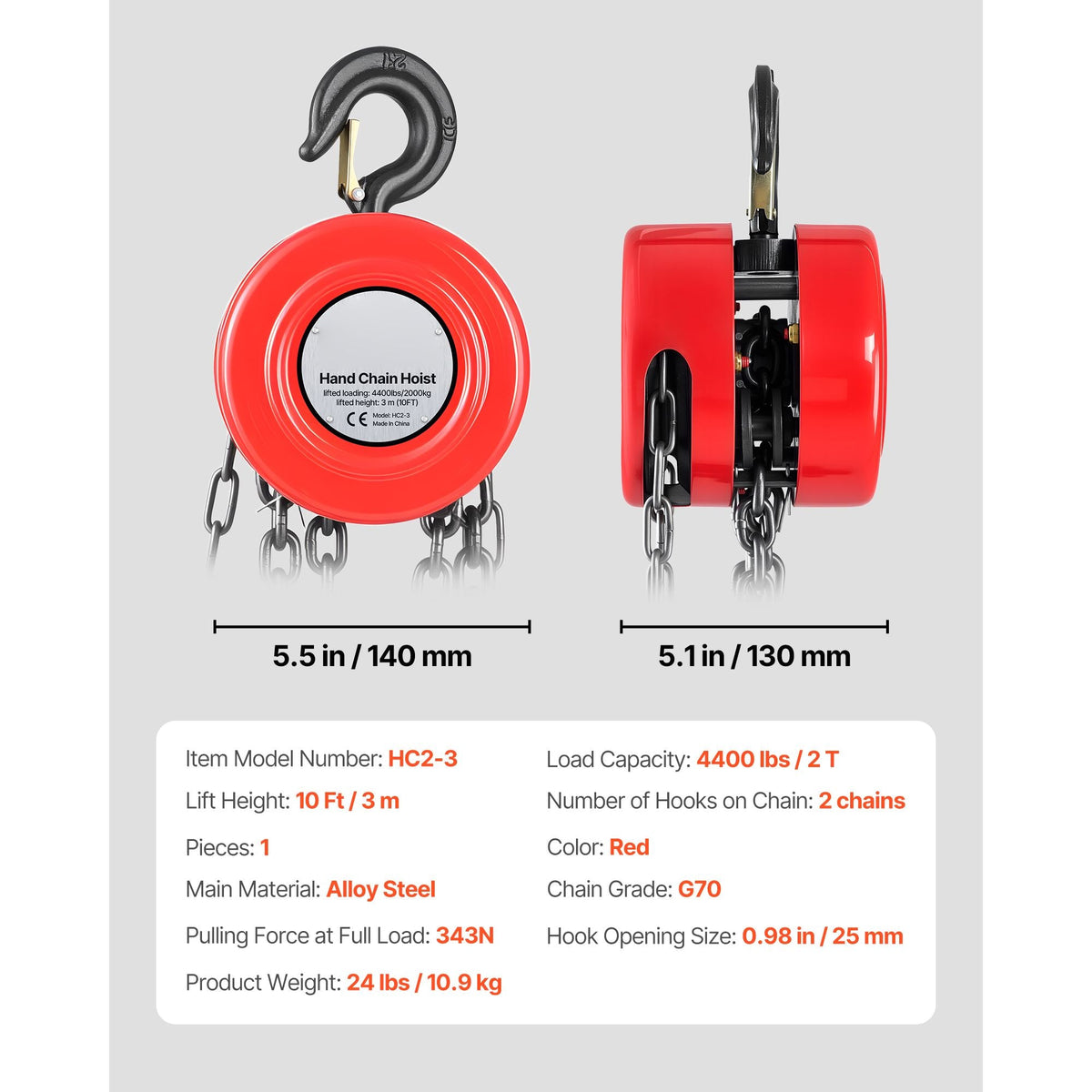 Hand Chain Hoist, 2 Ton 4400 lbs Capacity, Manual Chain Block with Upgrade G70 Galvanized Chain, 10 ft Lifting Height, Heavy Duty Pulley Hoist for Garage Warehouse Automotive Machinery, Red