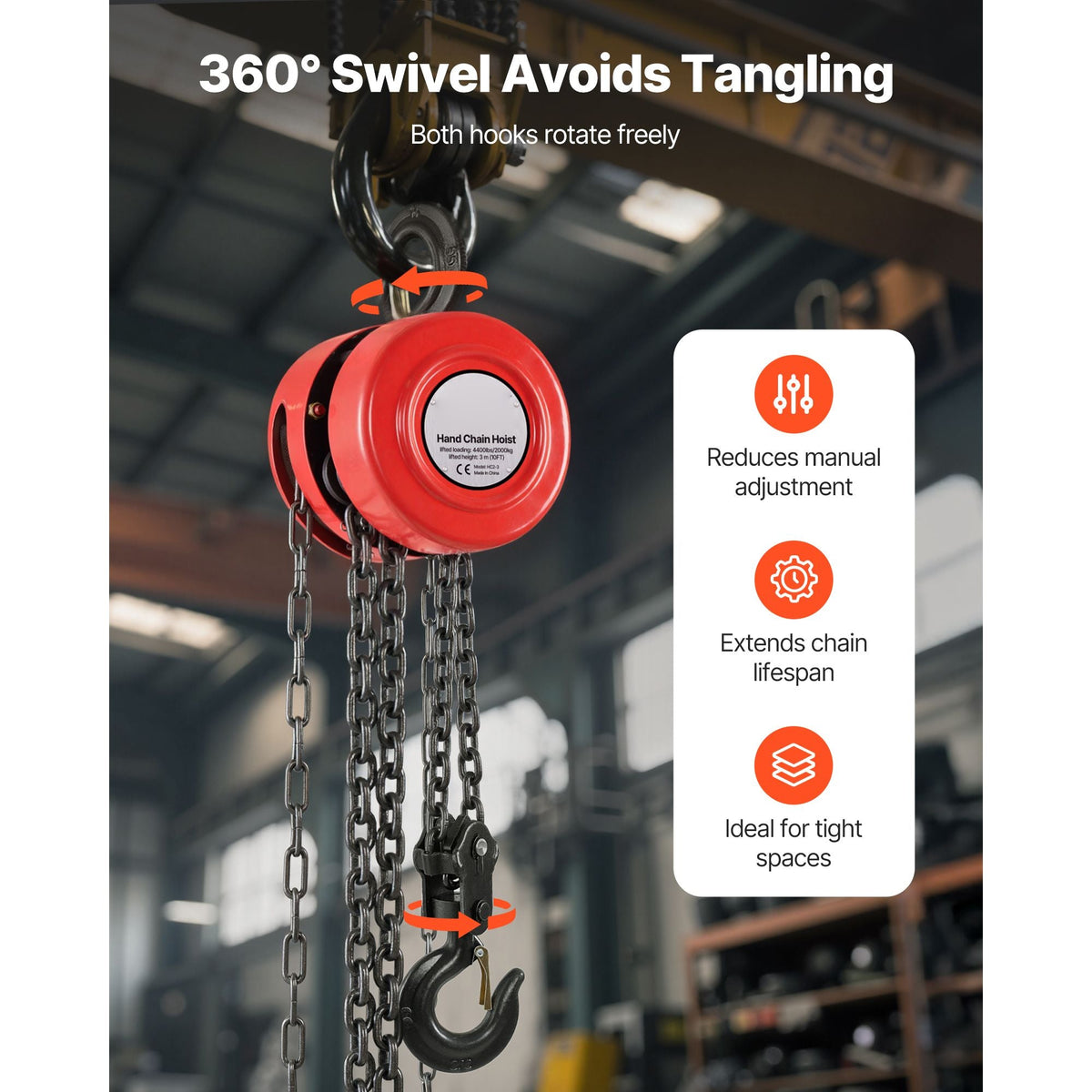 Hand Chain Hoist, 2 Ton 4400 lbs Capacity, Manual Chain Block with Upgrade G70 Galvanized Chain, 10 ft Lifting Height, Heavy Duty Pulley Hoist for Garage Warehouse Automotive Machinery, Red