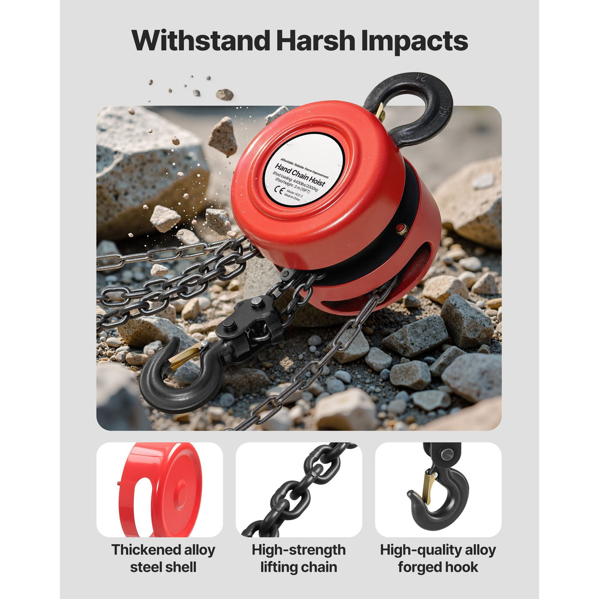 Hand Chain Hoist, 2 Ton 4400 lbs Capacity, Manual Chain Block with Upgrade G70 Galvanized Chain, 10 ft Lifting Height, Heavy Duty Pulley Hoist for Garage Warehouse Automotive Machinery, Red