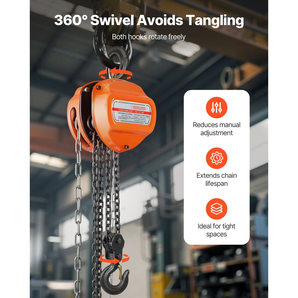 Hand Chain Hoist, 2 Ton 4400 lbs Capacity, Manual Chain Block with Upgrade G80 Galvanized Chain, 10 ft Lifting Height, Heavy Duty Pulley Hoist for Garage Warehouse Automotive Machinery, Orange