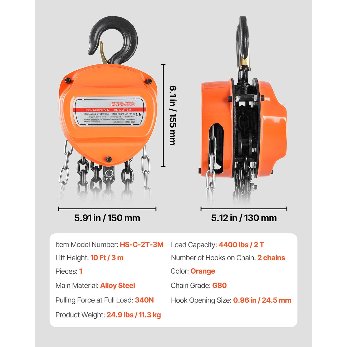 Hand Chain Hoist, 2 Ton 4400 lbs Capacity, Manual Chain Block with Upgrade G80 Galvanized Chain, 10 ft Lifting Height, Heavy Duty Pulley Hoist for Garage Warehouse Automotive Machinery, Orange