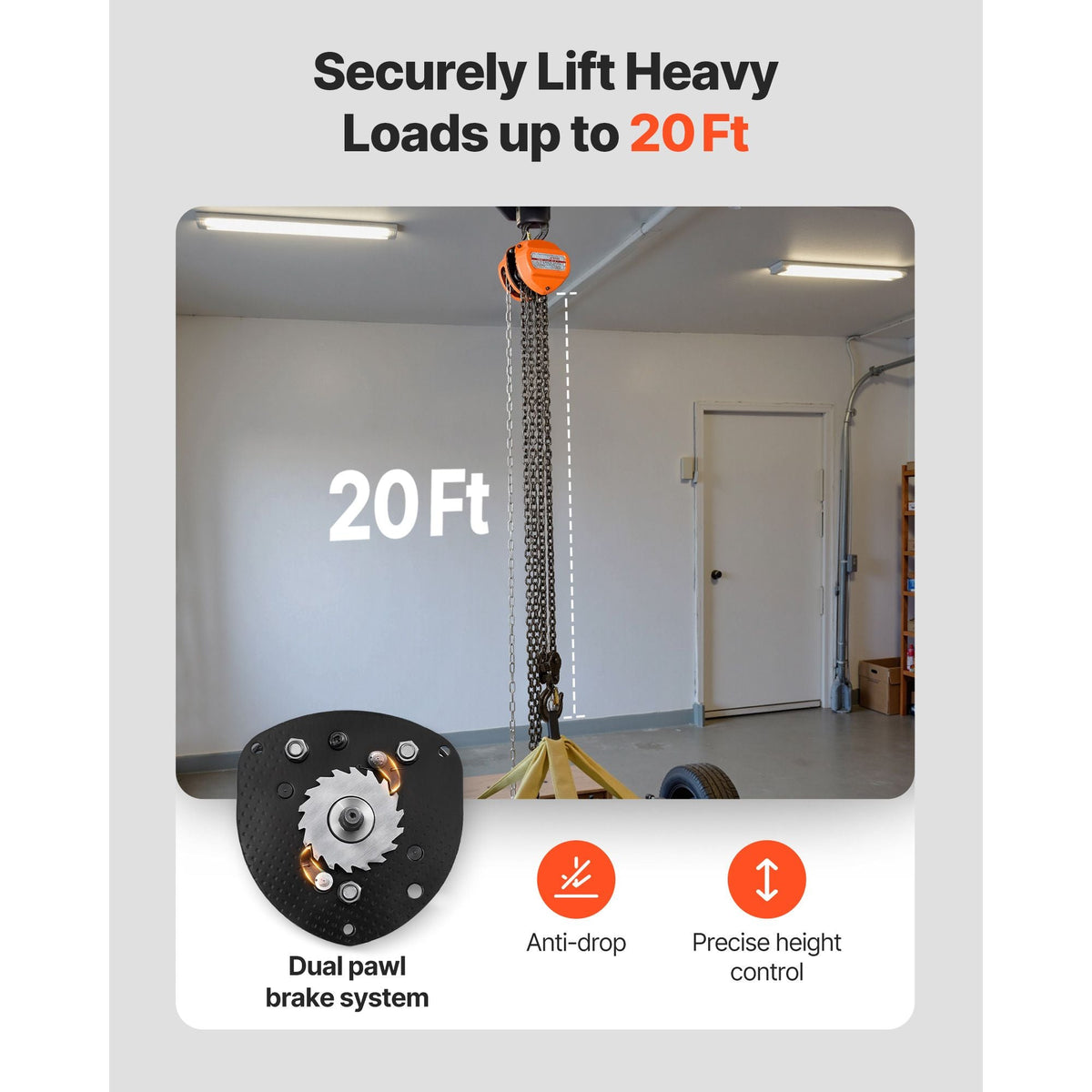 Hand Chain Hoist, 2 Ton 4400 lbs Capacity, Manual Chain Block with Upgrade G80 Galvanized Chain, 20 ft Lifting Height, Heavy Duty Pulley Hoist for Garage Warehouse Automotive Machinery, Orange