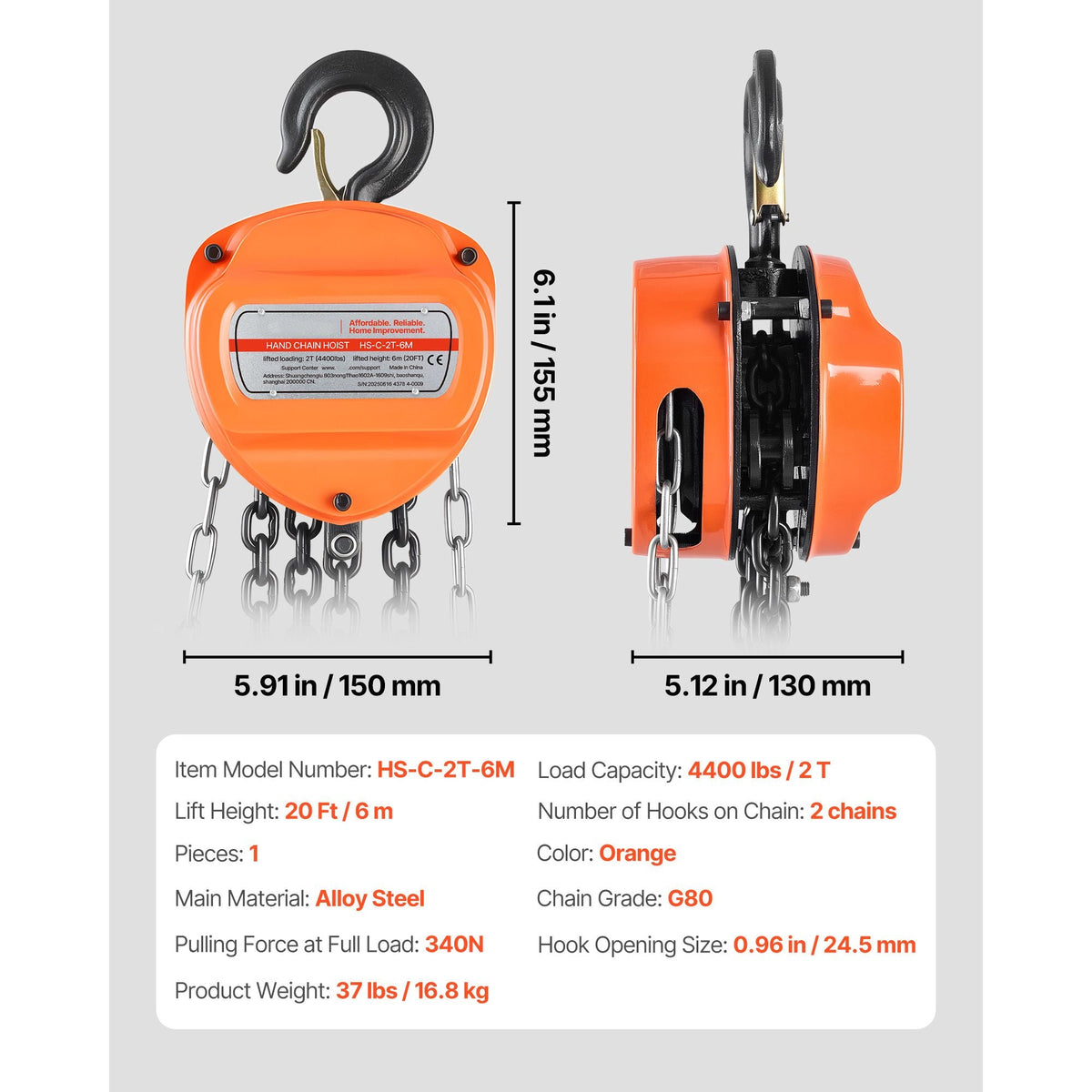 Hand Chain Hoist, 2 Ton 4400 lbs Capacity, Manual Chain Block with Upgrade G80 Galvanized Chain, 20 ft Lifting Height, Heavy Duty Pulley Hoist for Garage Warehouse Automotive Machinery, Orange