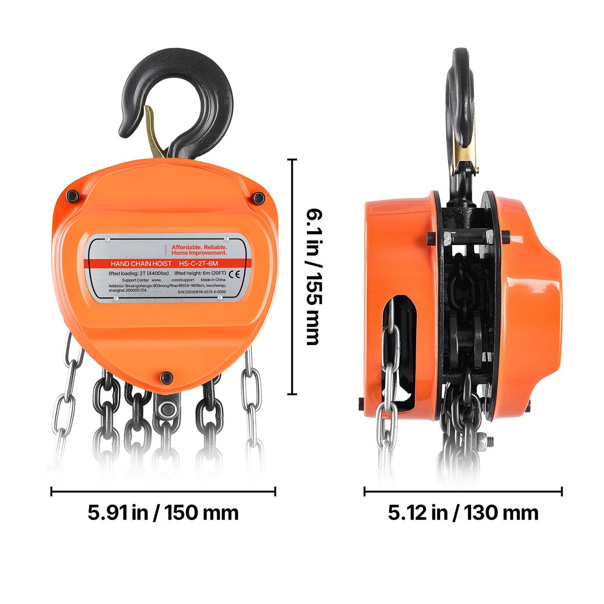 Hand Chain Hoist, 2 Ton 4400 lbs Capacity, Manual Chain Block with Upgrade G80 Galvanized Chain, 20 ft Lifting Height, Heavy Duty Pulley Hoist for Garage Warehouse Automotive Machinery, Orange