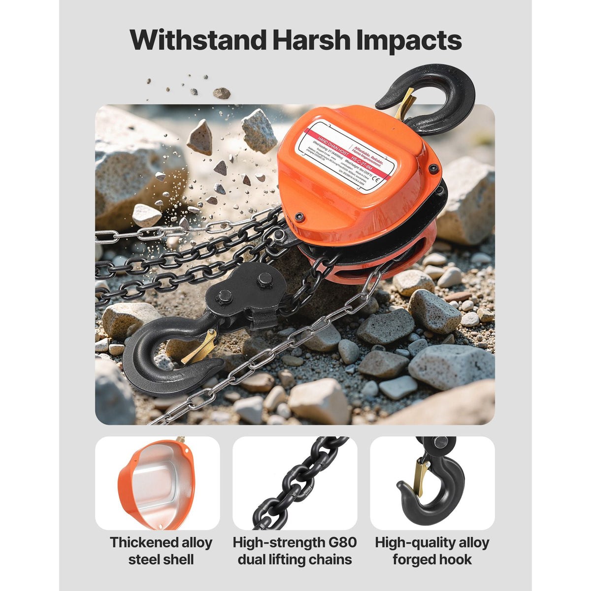 Hand Chain Hoist, 2 Ton 4400 lbs Capacity, Manual Chain Block with Upgrade G80 Galvanized Chain, 20 ft Lifting Height, Heavy Duty Pulley Hoist for Garage Warehouse Automotive Machinery, Orange
