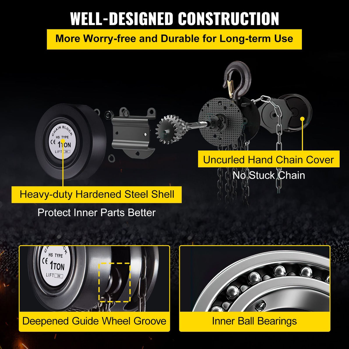 Hand Chain Hoist, 2200 lbs /1 Ton Capacity Chain Block, 10ft/3m Lift Manual Hand Chain Block, Manual Hoist with Industrial-Grade Steel Construction for Lifting Good in Transport & Workshop, Blac