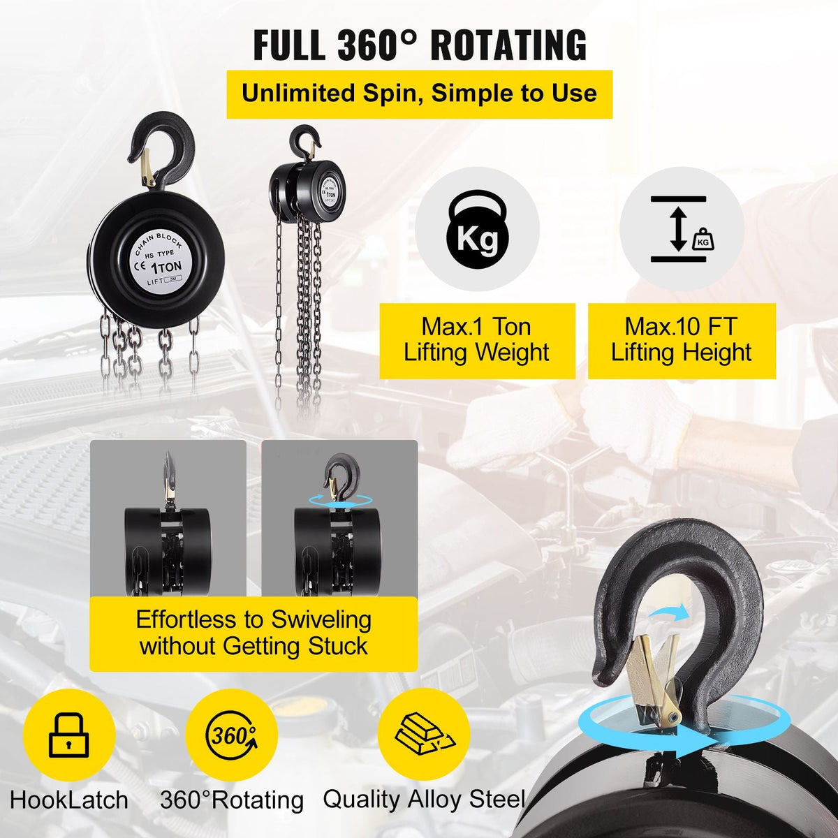 Hand Chain Hoist, 2200 lbs /1 Ton Capacity Chain Block, 10ft/3m Lift Manual Hand Chain Block, Manual Hoist with Industrial-Grade Steel Construction for Lifting Good in Transport & Workshop, Blac