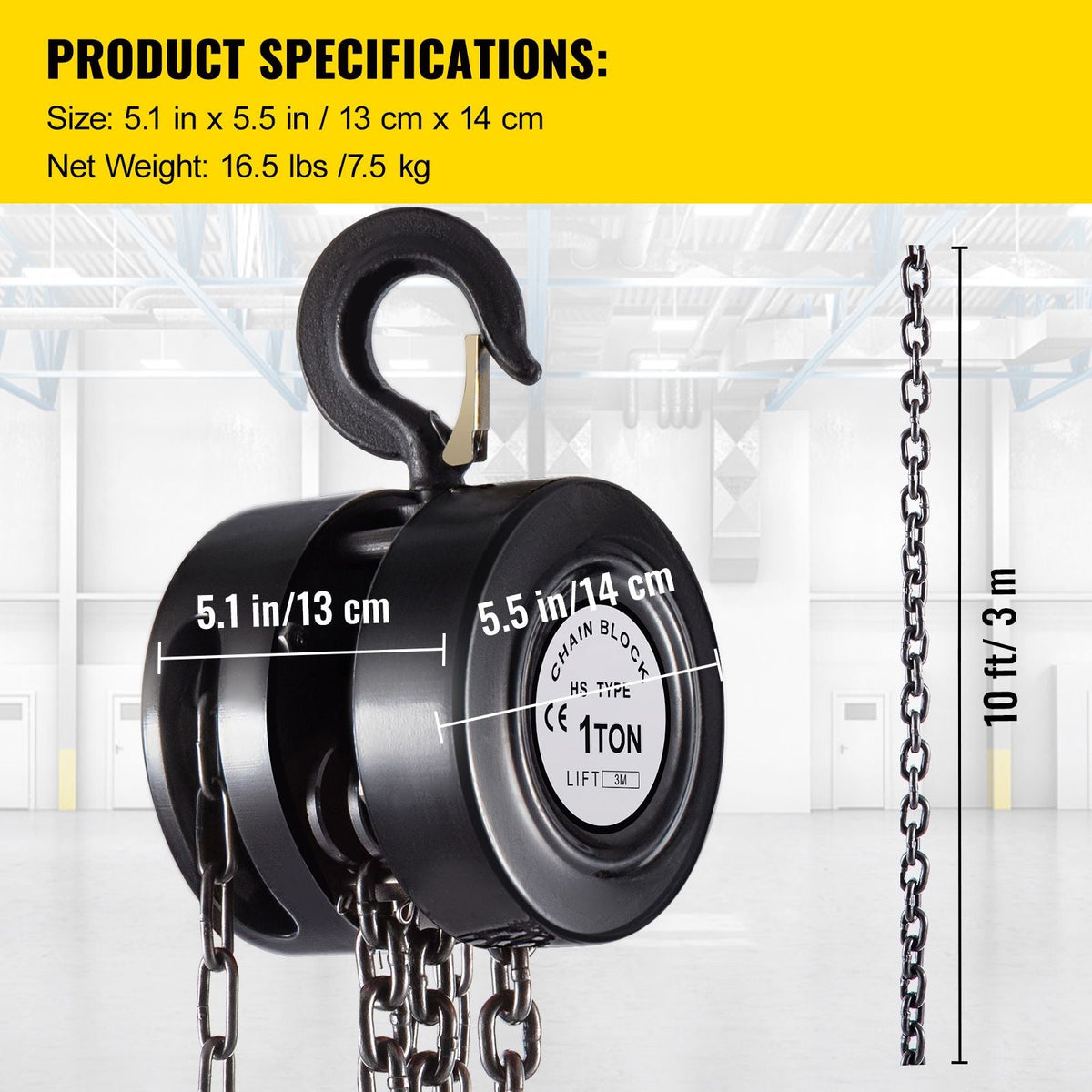 Hand Chain Hoist, 2200 lbs /1 Ton Capacity Chain Block, 10ft/3m Lift Manual Hand Chain Block, Manual Hoist with Industrial-Grade Steel Construction for Lifting Good in Transport & Workshop, Blac