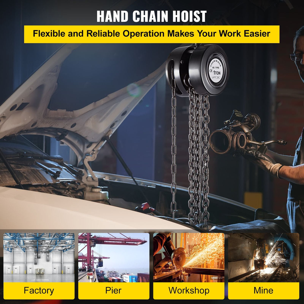 Hand Chain Hoist, 2200 lbs /1 Ton Capacity Chain Block, 10ft/3m Lift Manual Hand Chain Block, Manual Hoist with Industrial-Grade Steel Construction for Lifting Good in Transport & Workshop, Blac