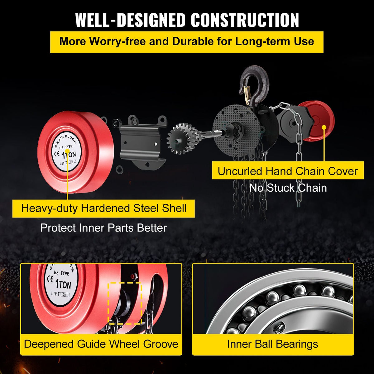 Hand Chain Hoist, 2200 lbs /1 Ton Capacity Chain Block, 10ft/3m Lift Manual Hand Chain Block, Manual Hoist with Industrial-Grade Steel Construction for Lifting Good in Transport & Workshop, Red