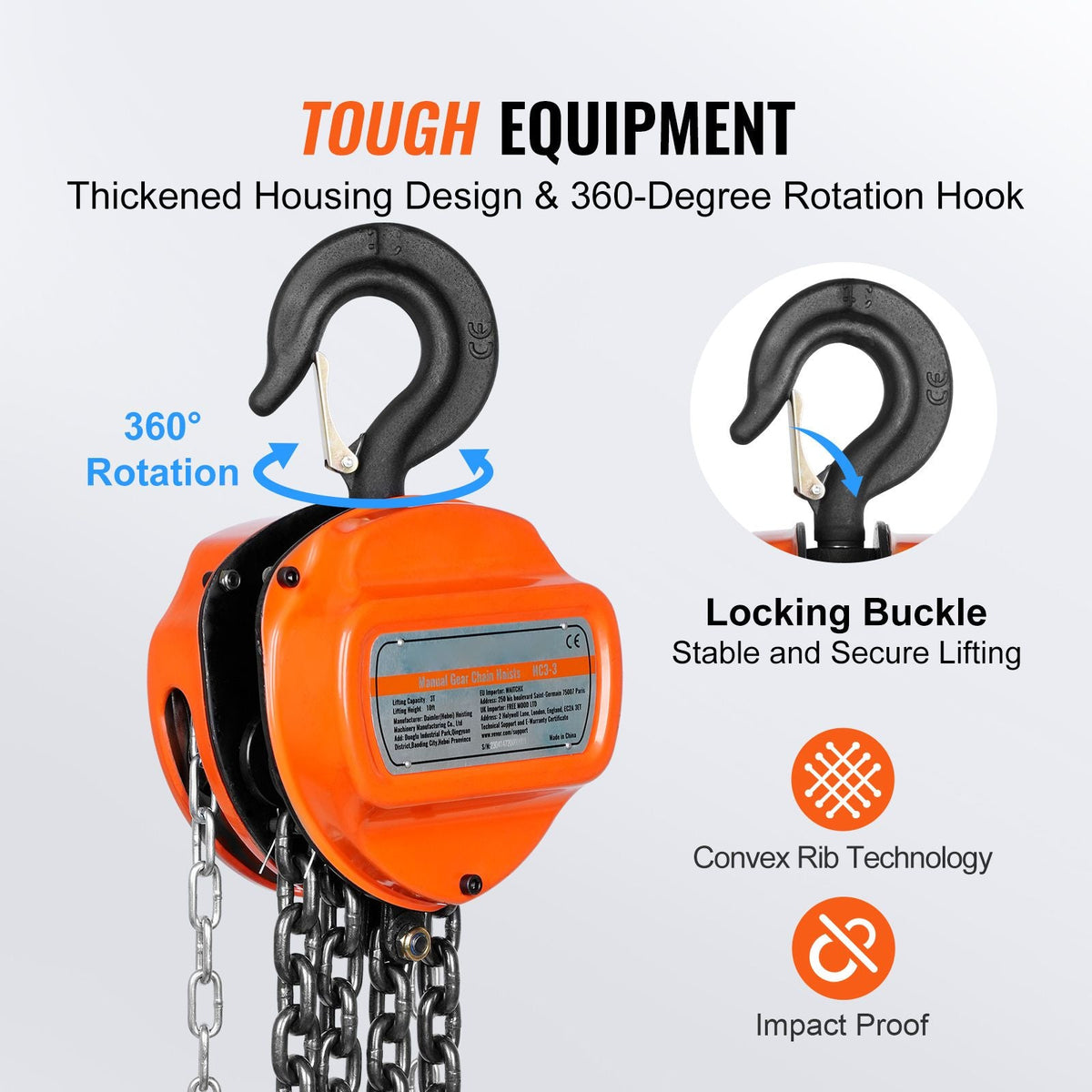 Hand Chain Hoist, 3 Ton 6600 lbs Capacity 10 FT Come Along, G80 Galvanized Carbon Steel with Double-Pawl Brake, Auto Chain Leading & 360° Rotation Hook, for Garage Factory Dock