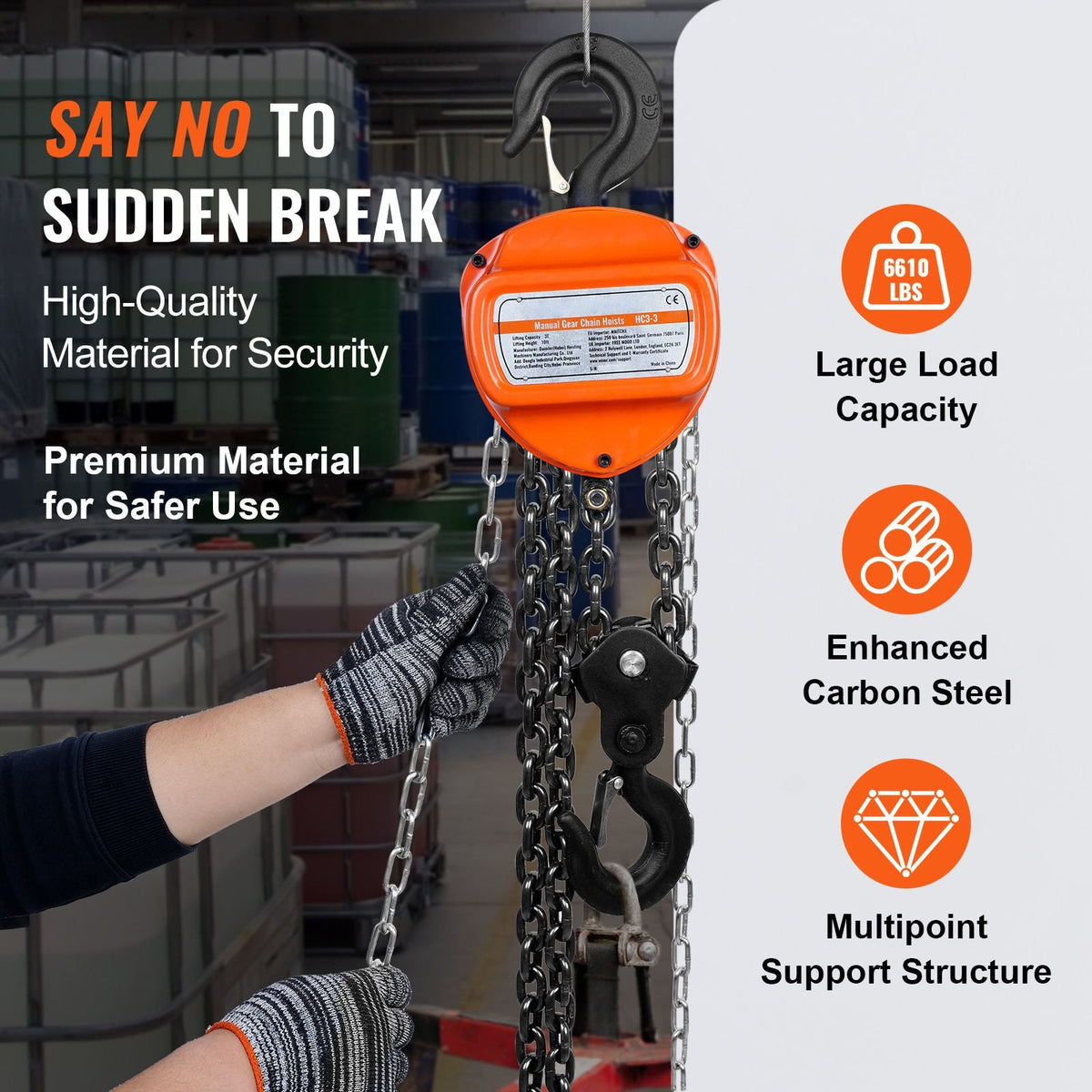 Hand Chain Hoist, 3 Ton 6600 lbs Capacity 10 FT Come Along, G80 Galvanized Carbon Steel with Double-Pawl Brake, Auto Chain Leading & 360° Rotation Hook, for Garage Factory Dock