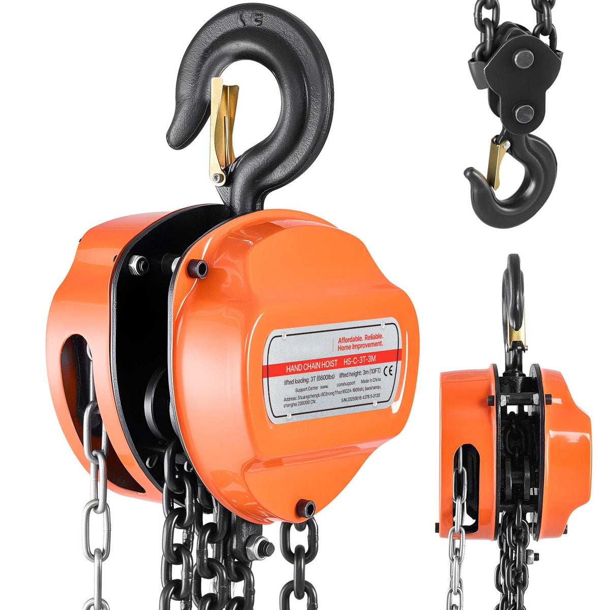 Hand Chain Hoist, 3 Ton 6600 lbs Capacity, Manual Chain Block with Upgrade G80 Galvanized Chain, 10 ft Lifting Height, Heavy Duty Pulley Hoist for Garage Warehouse Automotive Machinery, Orange
