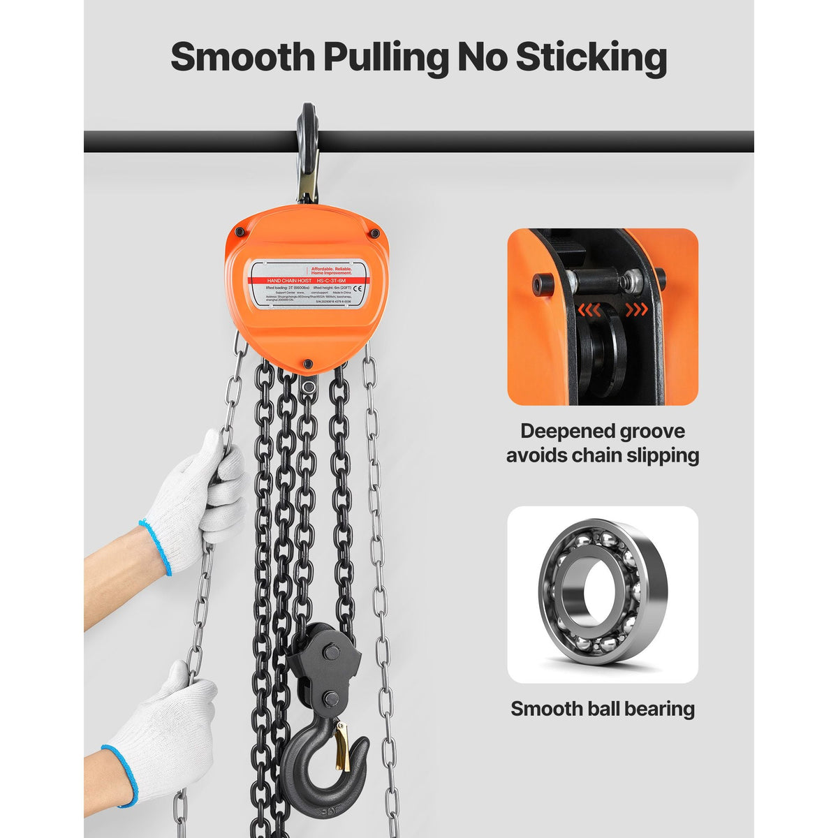 Hand Chain Hoist, 3 Ton 6600 lbs Capacity, Manual Chain Block with Upgrade G80 Galvanized Chain, 20 ft Lifting Height, Heavy Duty Pulley Hoist for Garage Warehouse Automotive Machinery, Orange