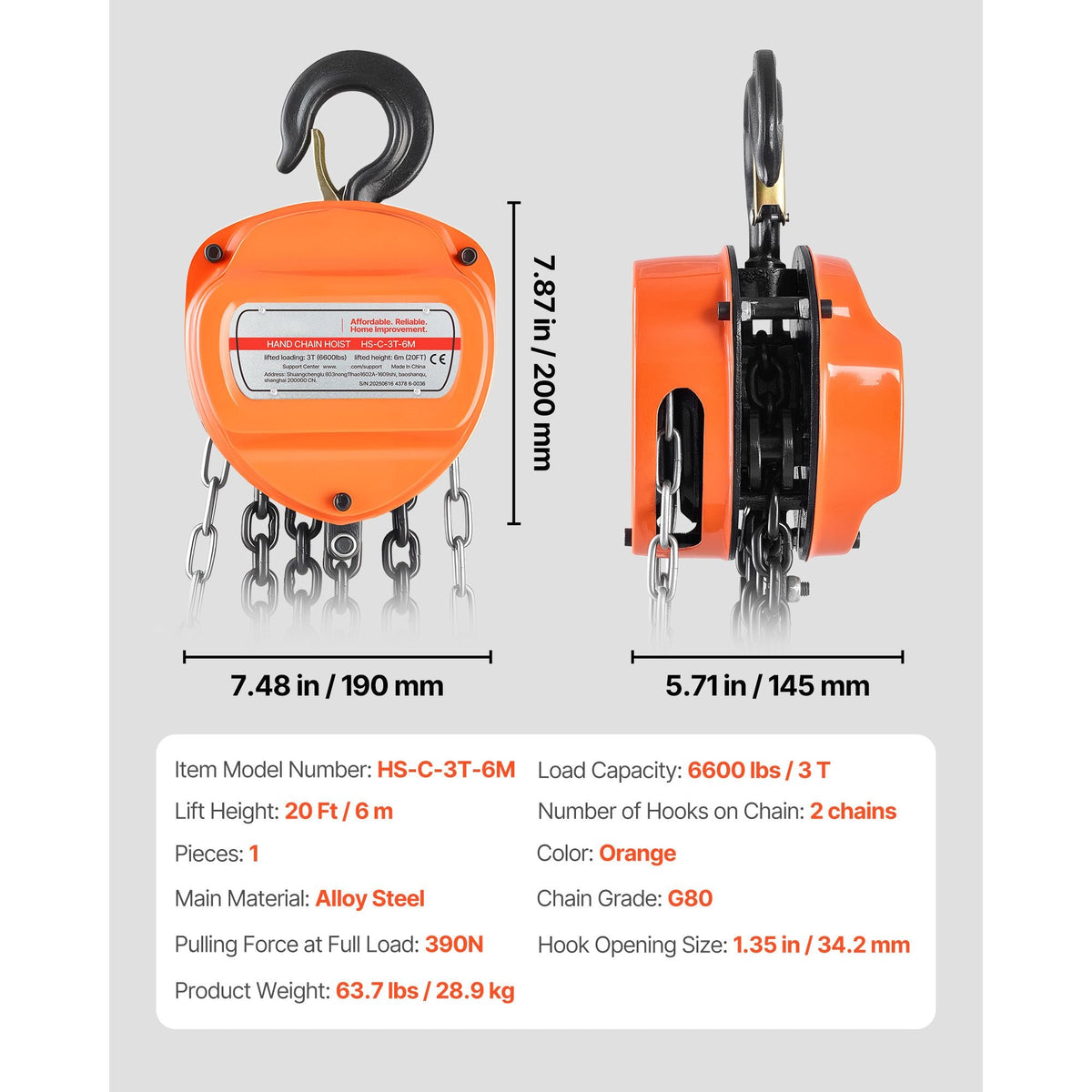 Hand Chain Hoist, 3 Ton 6600 lbs Capacity, Manual Chain Block with Upgrade G80 Galvanized Chain, 20 ft Lifting Height, Heavy Duty Pulley Hoist for Garage Warehouse Automotive Machinery, Orange