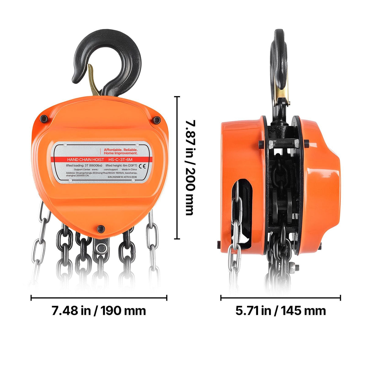 Hand Chain Hoist, 3 Ton 6600 lbs Capacity, Manual Chain Block with Upgrade G80 Galvanized Chain, 20 ft Lifting Height, Heavy Duty Pulley Hoist for Garage Warehouse Automotive Machinery, Orange