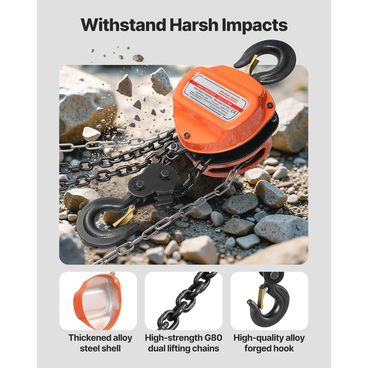 Hand Chain Hoist, 3 Ton 6600 lbs Capacity, Manual Chain Block with Upgrade G80 Galvanized Chain, 20 ft Lifting Height, Heavy Duty Pulley Hoist for Garage Warehouse Automotive Machinery, Orange