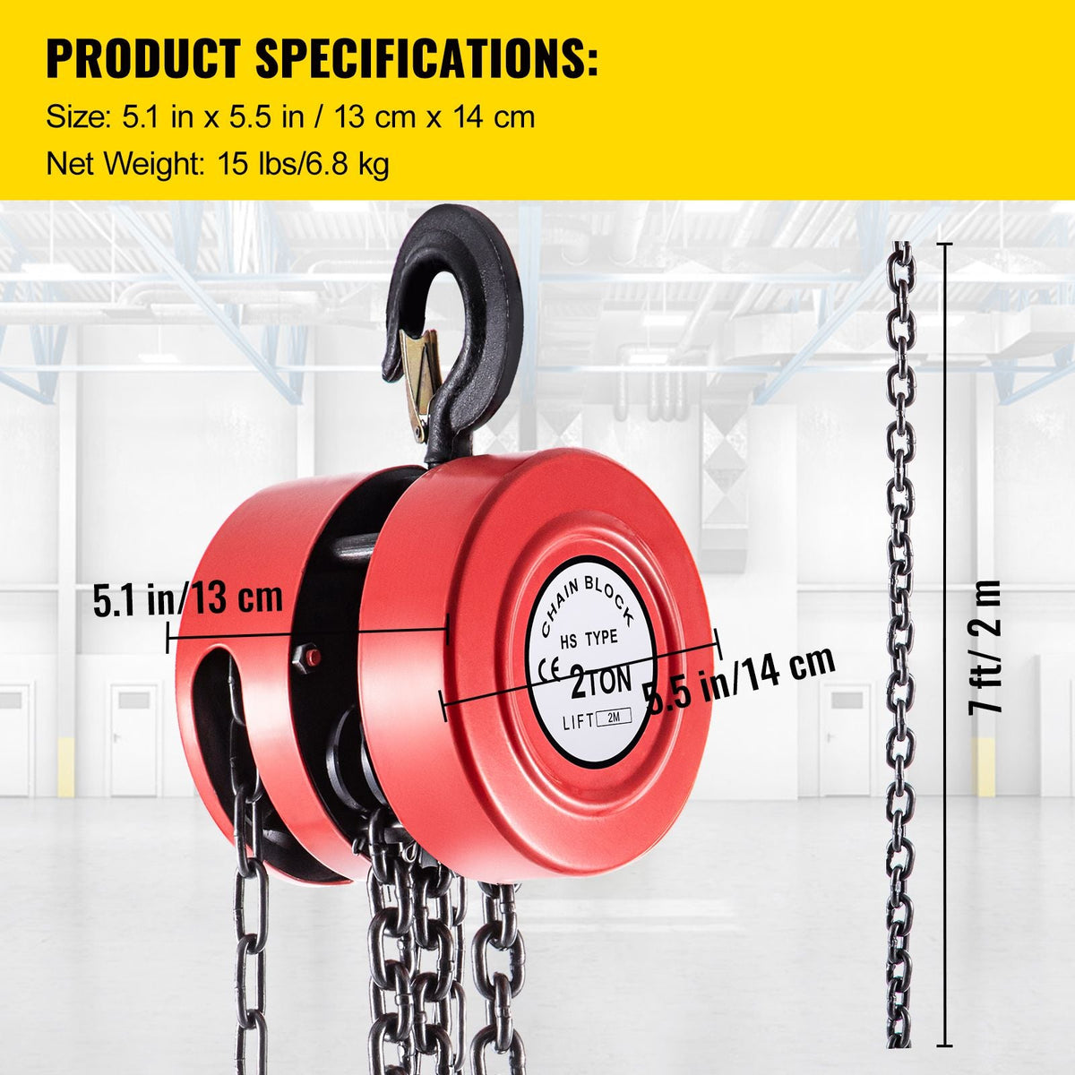 Hand Chain Hoist, 4400 lbs /2 Ton Capacity Chain Block, 7ft/2m Lift Manual Hand Chain Block, Manual Hoist with Industrial-Grade Steel Construction for Lifting Good in Transport & Workshop, Red