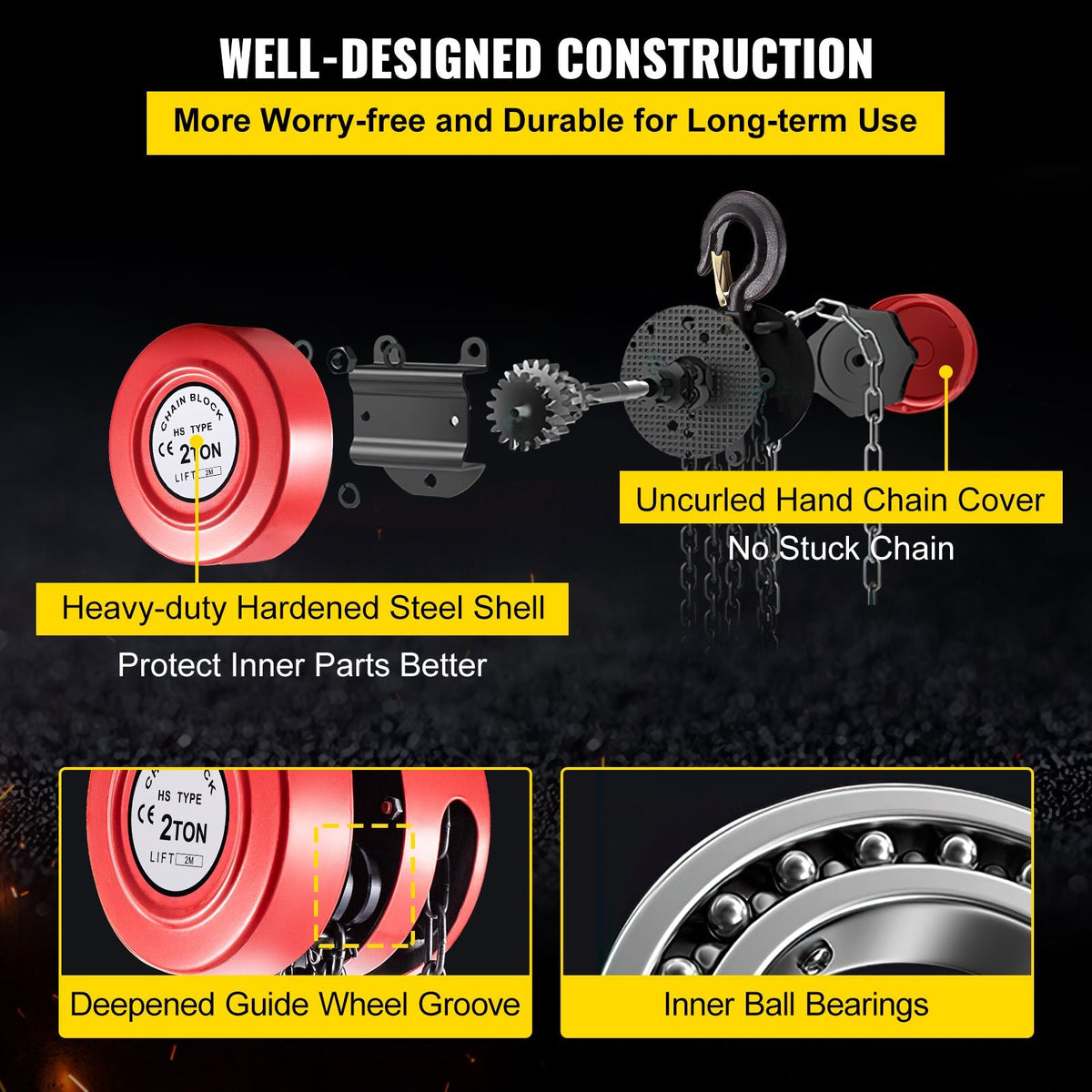 Hand Chain Hoist, 4400 lbs /2 Ton Capacity Chain Block, 7ft/2m Lift Manual Hand Chain Block, Manual Hoist with Industrial-Grade Steel Construction for Lifting Good in Transport & Workshop, Red