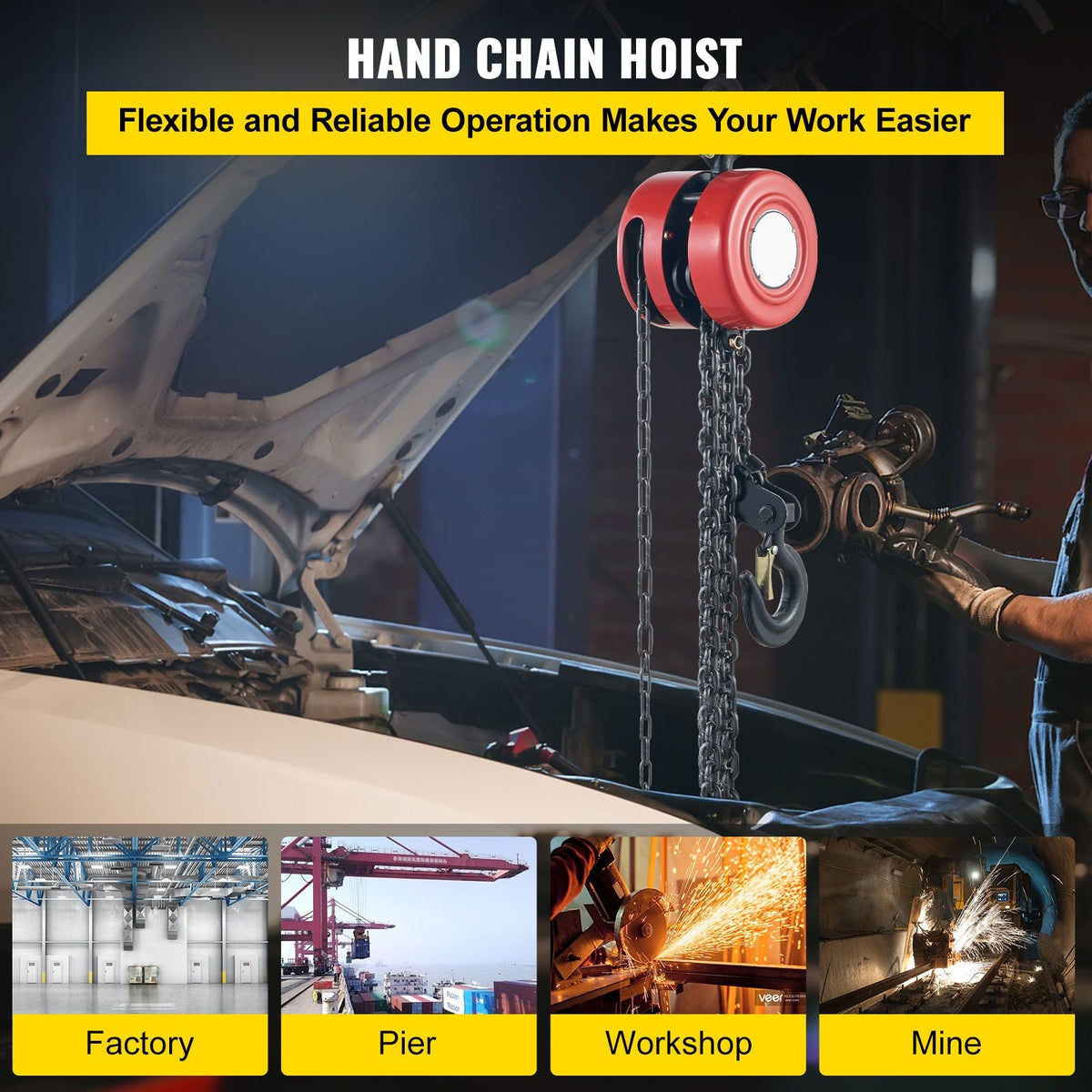 Hand Chain Hoist, 4400 lbs /2 Ton Capacity Chain Block, 8ft/2.5m Lift Manual Hand Chain Block, Manual Hoist with Industrial-Grade Steel Construction for Lifting Good in Transport & Workshop, Red