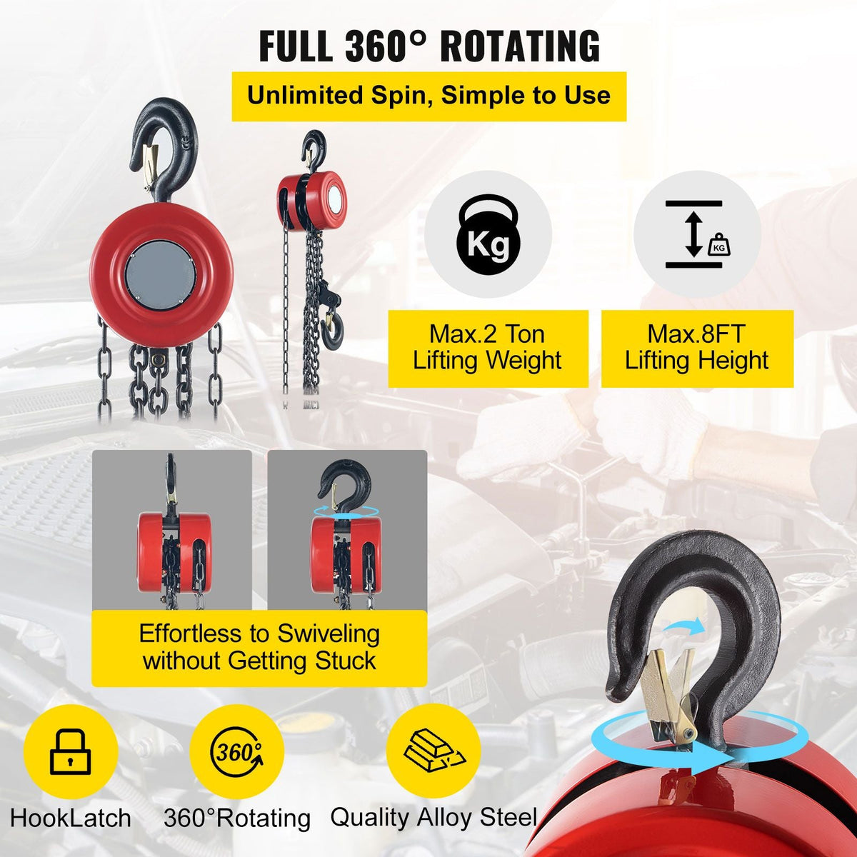 Hand Chain Hoist, 4400 lbs /2 Ton Capacity Chain Block, 8ft/2.5m Lift Manual Hand Chain Block, Manual Hoist with Industrial-Grade Steel Construction for Lifting Good in Transport & Workshop, Red