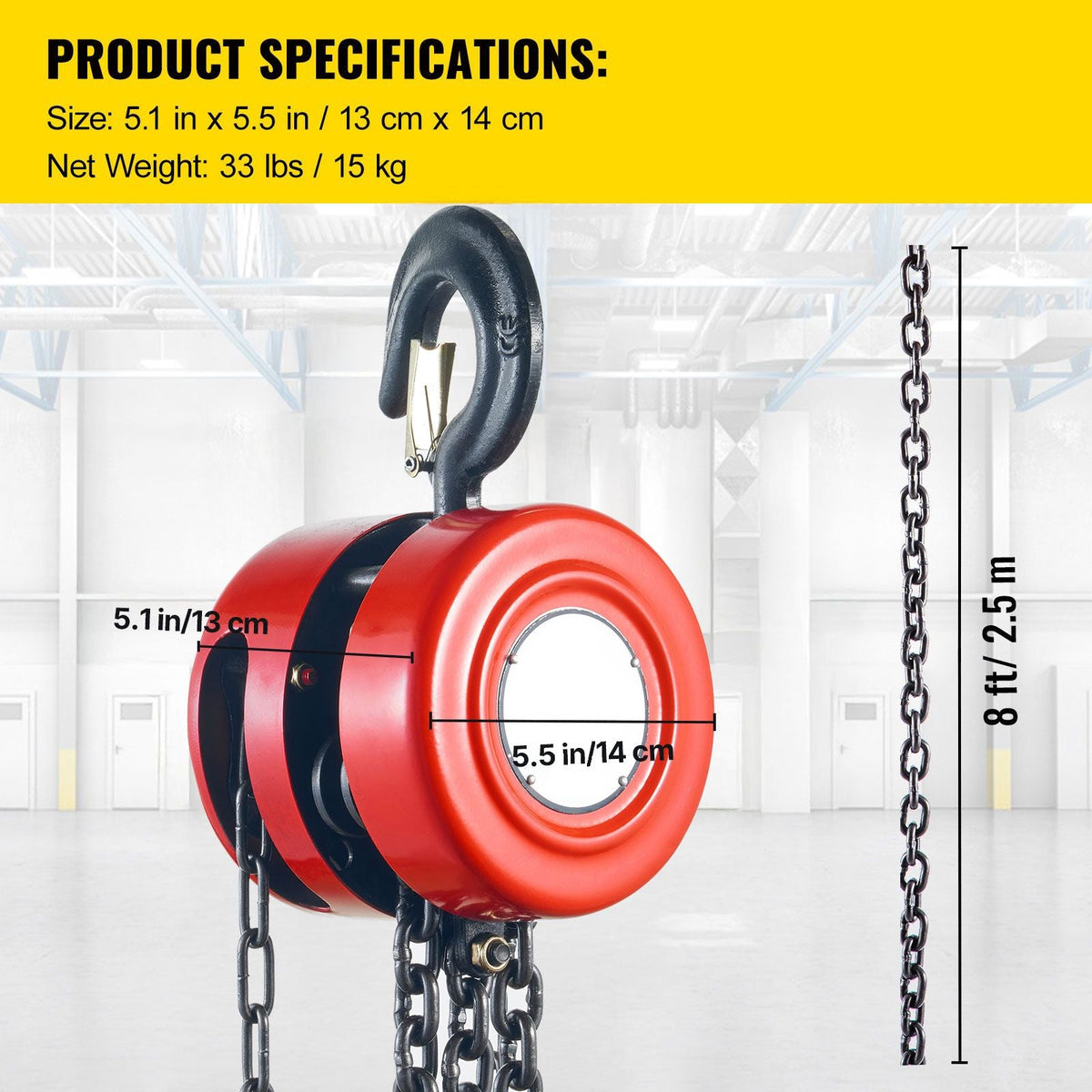 Hand Chain Hoist, 4400 lbs /2 Ton Capacity Chain Block, 8ft/2.5m Lift Manual Hand Chain Block, Manual Hoist with Industrial-Grade Steel Construction for Lifting Good in Transport & Workshop, Red