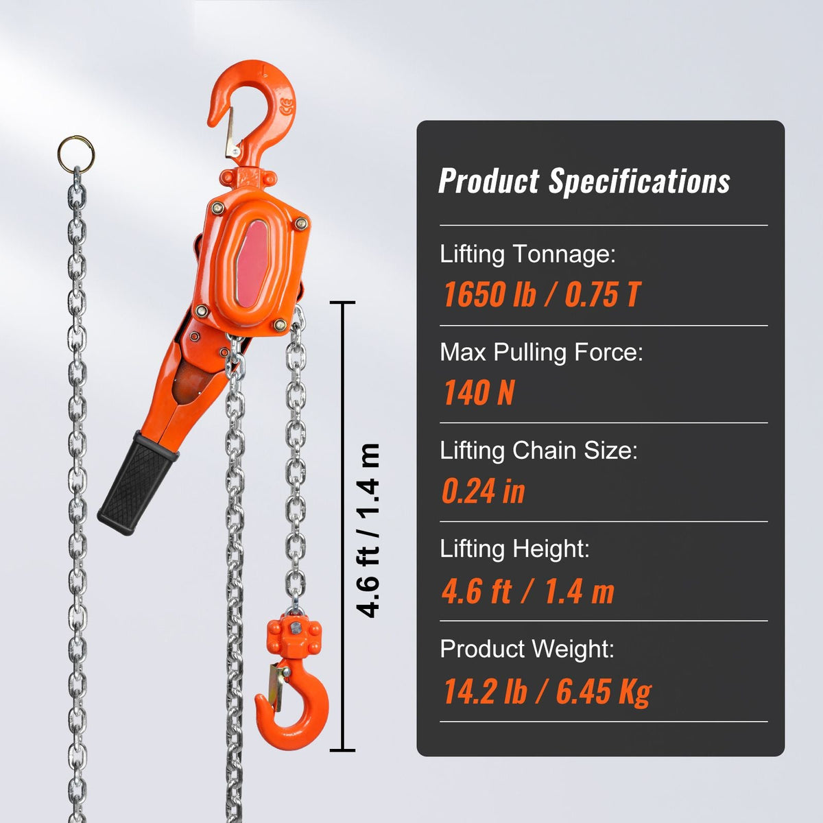 Hand-Operated Chain Lift, 1650 lbs Load, 5ft Length, G80 Zinc-Coated Steel, Dual-Pawl Brake System, Automatic Chain Guide & Swivel Hook, Ideal for Workshops, Warehouses, and Loading Docks