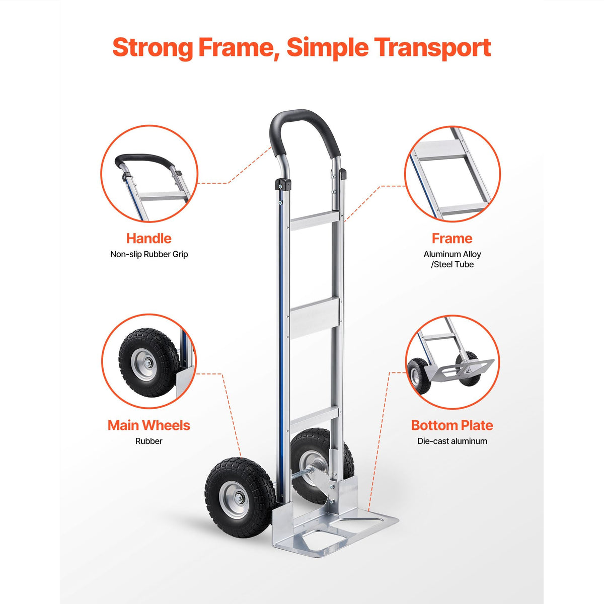 Hand Truck, 500 lbs Load Capacity, Heavy-Duty Hand Truck Dolly with Non-Slip Wheels & Handle, Aluminum Alloy Portable Trolley Dolly with Tie-down Strap for Moving Home, Office, Warehouse
