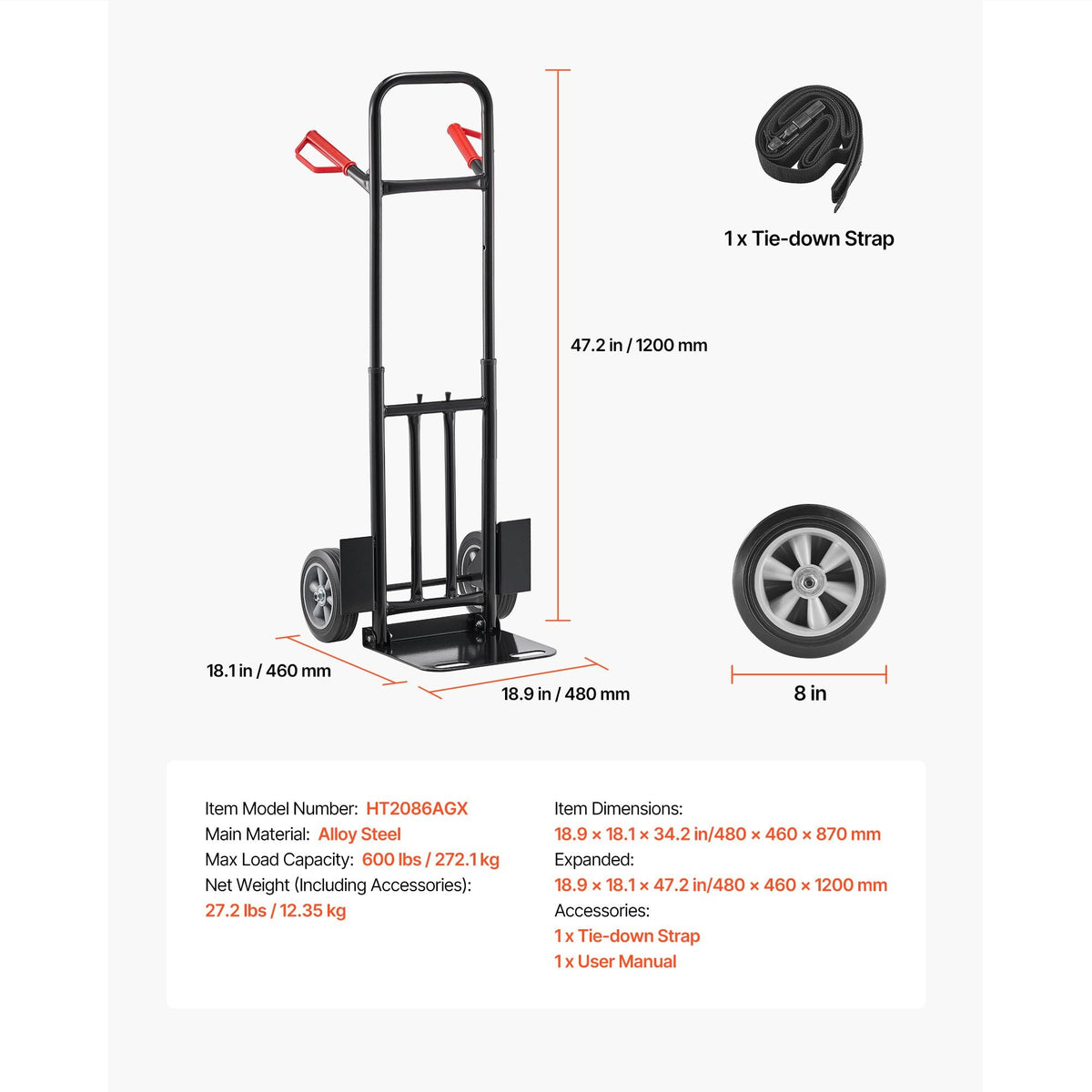 Hand Truck, 600 lbs Load Capacity, Heavy-Duty Hand Truck Dolly with Wheels & Telescoping Handle, Portable Trolley Dolly with Tie-down Strap for Moving Home, Office, Warehouse, Supermarket