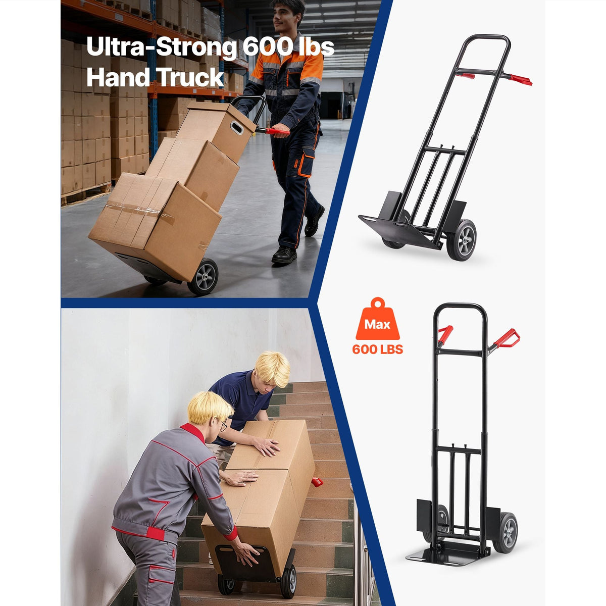 Hand Truck, 600 lbs Load Capacity, Heavy-Duty Hand Truck Dolly with Wheels & Telescoping Handle, Portable Trolley Dolly with Tie-down Strap for Moving Home, Office, Warehouse, Supermarket