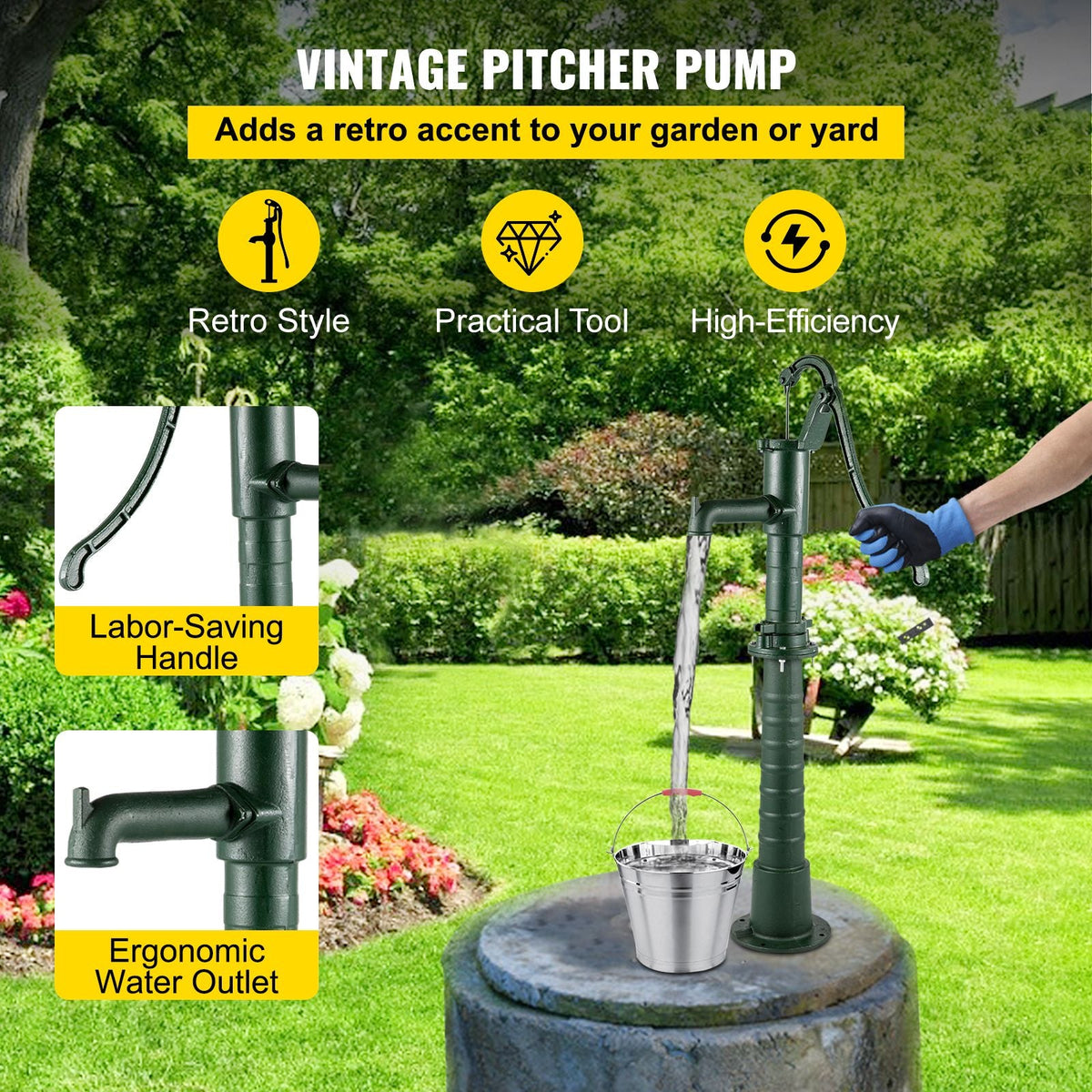 Hand Water Pump with Stand, 15.7 x 9.4 x 51.6 inch Pitcher Pump& 26 inch Pump Stand with Pre-set 1/2\" Holes for Easy Installation, Rustic Cast Iron Well Pump for Yard, Garden, Farm Irrigation,