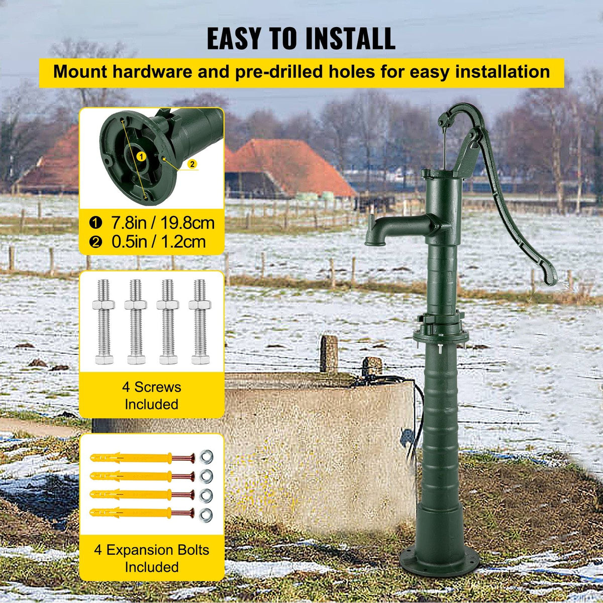 Hand Water Pump with Stand, 15.7 x 9.4 x 51.6 inch Pitcher Pump& 26 inch Pump Stand with Pre-set 1/2\" Holes for Easy Installation, Rustic Cast Iron Well Pump for Yard, Garden, Farm Irrigation,
