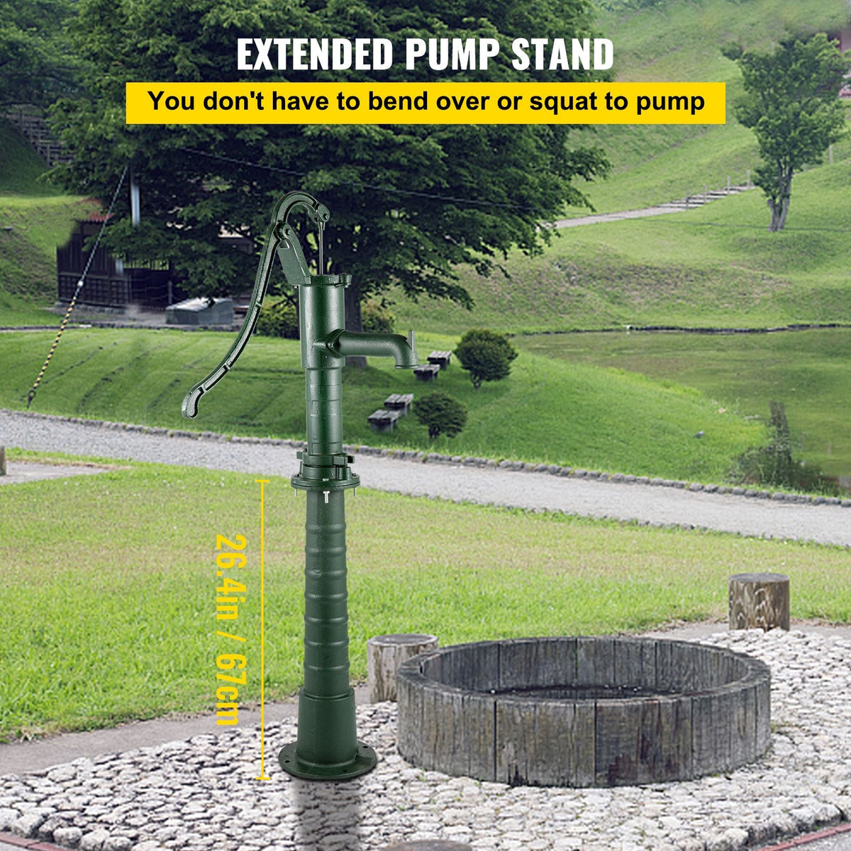 Hand Water Pump with Stand, 15.7 x 9.4 x 51.6 inch Pitcher Pump& 26 inch Pump Stand with Pre-set 1/2\" Holes for Easy Installation, Rustic Cast Iron Well Pump for Yard, Garden, Farm Irrigation,