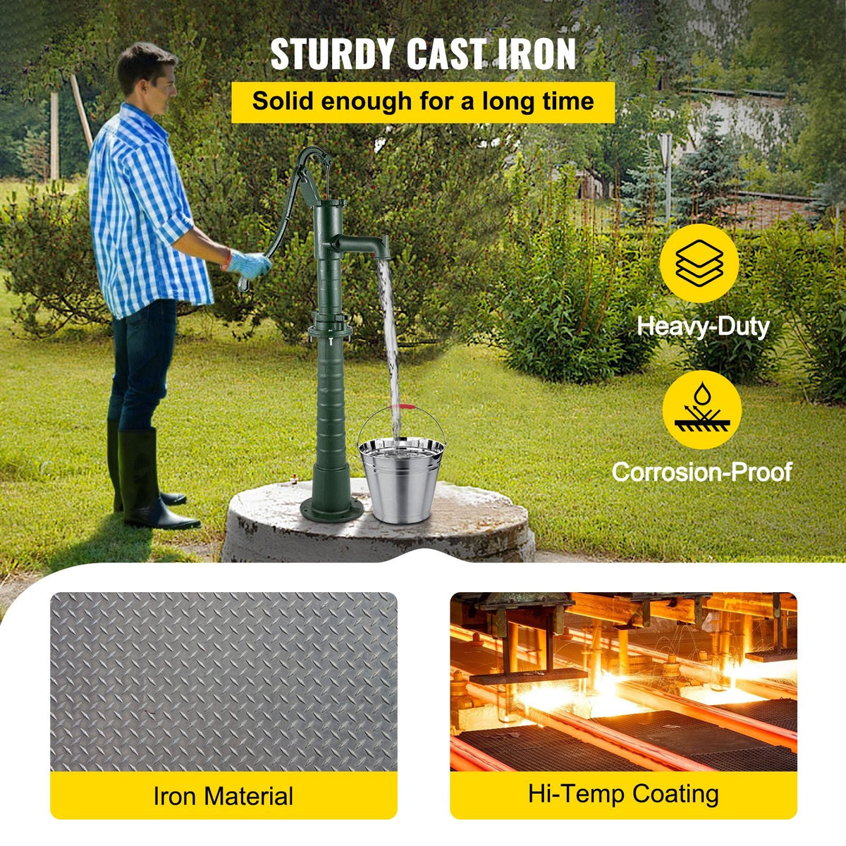Hand Water Pump with Stand, 15.7 x 9.4 x 51.6 inch Pitcher Pump& 26 inch Pump Stand with Pre-set 1/2\" Holes for Easy Installation, Rustic Cast Iron Well Pump for Yard, Garden, Farm Irrigation,
