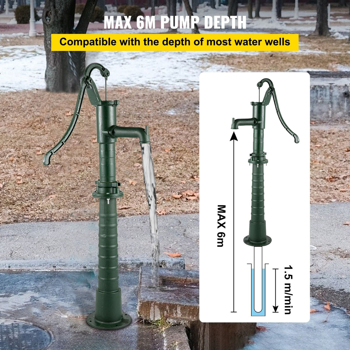 Hand Water Pump with Stand, 15.7 x 9.4 x 51.6 inch Pitcher Pump& 26 inch Pump Stand with Pre-set 1/2\" Holes for Easy Installation, Rustic Cast Iron Well Pump for Yard, Garden, Farm Irrigation,