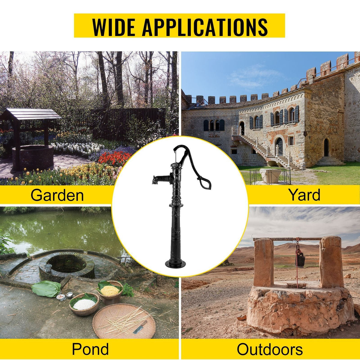 Hand Water Pump with Stand 15.7 x 9.4 x 53.1 inch Pitcher Pump & 26 inch Pump Stand with Pre-set 1/2\" Holes for Easy Installation Rustic Cast Iron Well Pump for Yard Garden Farm Irrigation Blac