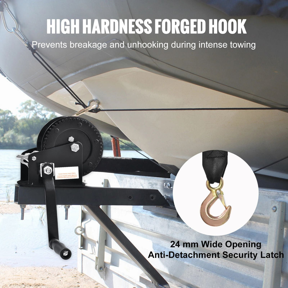 Hand Winch, 1600 lbs Pulling Capacity, Boat Trailer Winch Heavy Duty Rope Crank with 33 ft Polyester Strap and Two-Way Ratchet, Manual Operated Hand Crank Winch for Trailer, Boat or ATV Towing