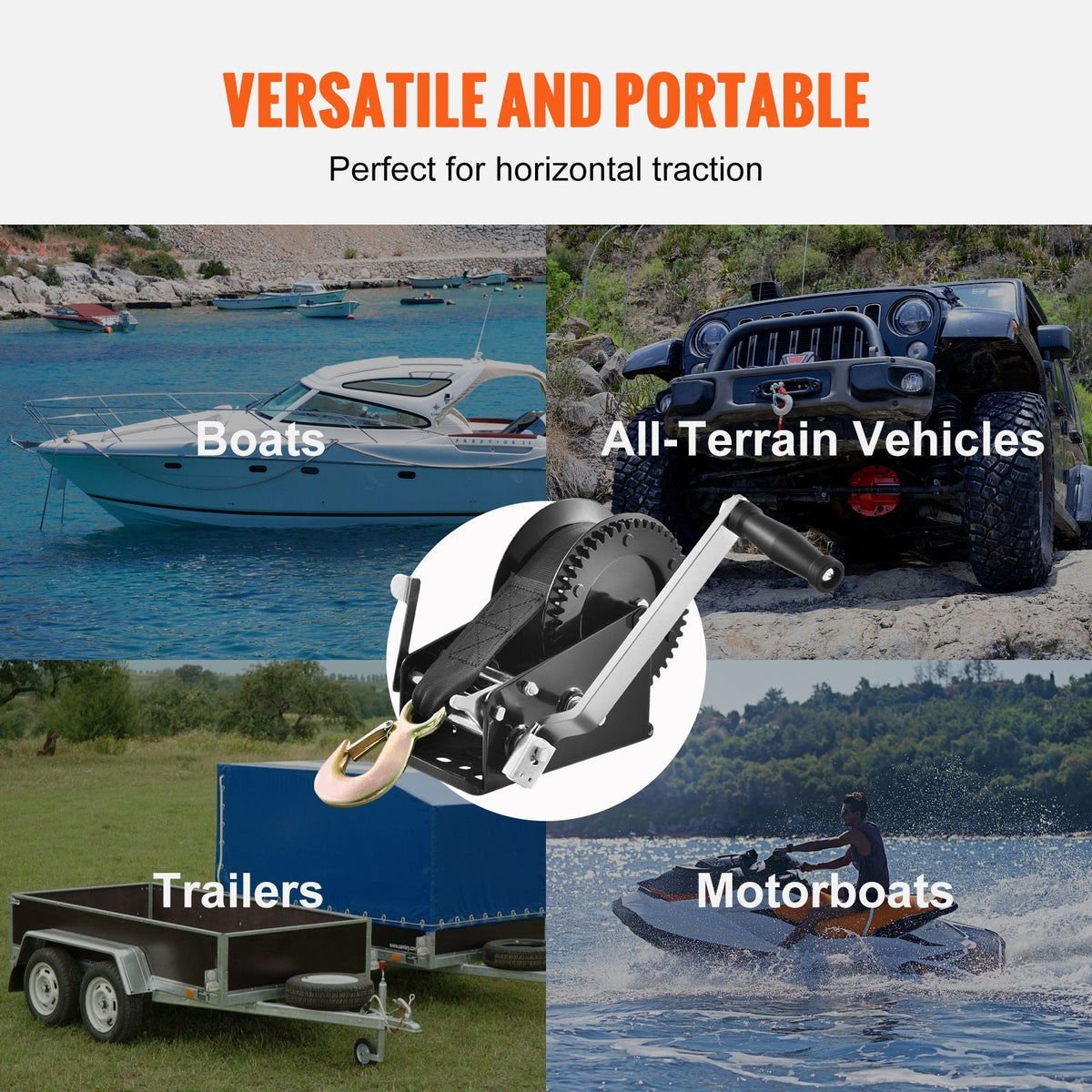 Hand Winch, 3500 lbs Pulling Capacity, Boat Trailer Winch Heavy Duty Rope Crank with 33 ft Polyester Strap and Two-Way Ratchet, Manual Operated Hand Crank Winch for Trailer, Boat or ATV Towing