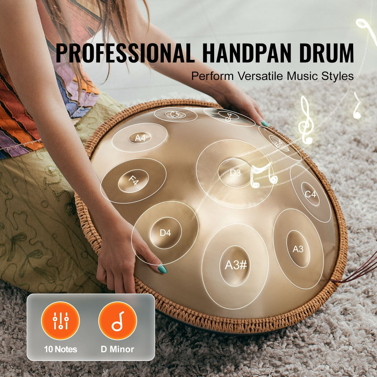 Handpan Drum, 22 in & 10 Notes, D Minor Hand Drum, Hand Pan Drum Instrument with Mallets, 432Hz Handpan Stand & Carry Bag, Steel Healing Sound Drum, Percussion Instruments for Adults Beginners