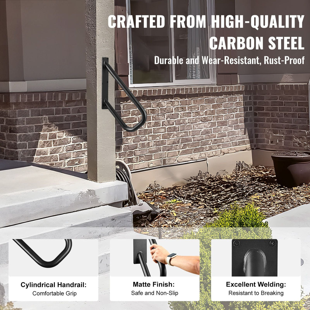 Handrails for Outdoor Steps, 18.9" Length 1.3"Pipe Wall Mount Safety Railings for 1-2 Steps, Stair Handrail with Matte Black Finished,for Garden,Yard and Garage & Elderly,Pregnant Women, Disable