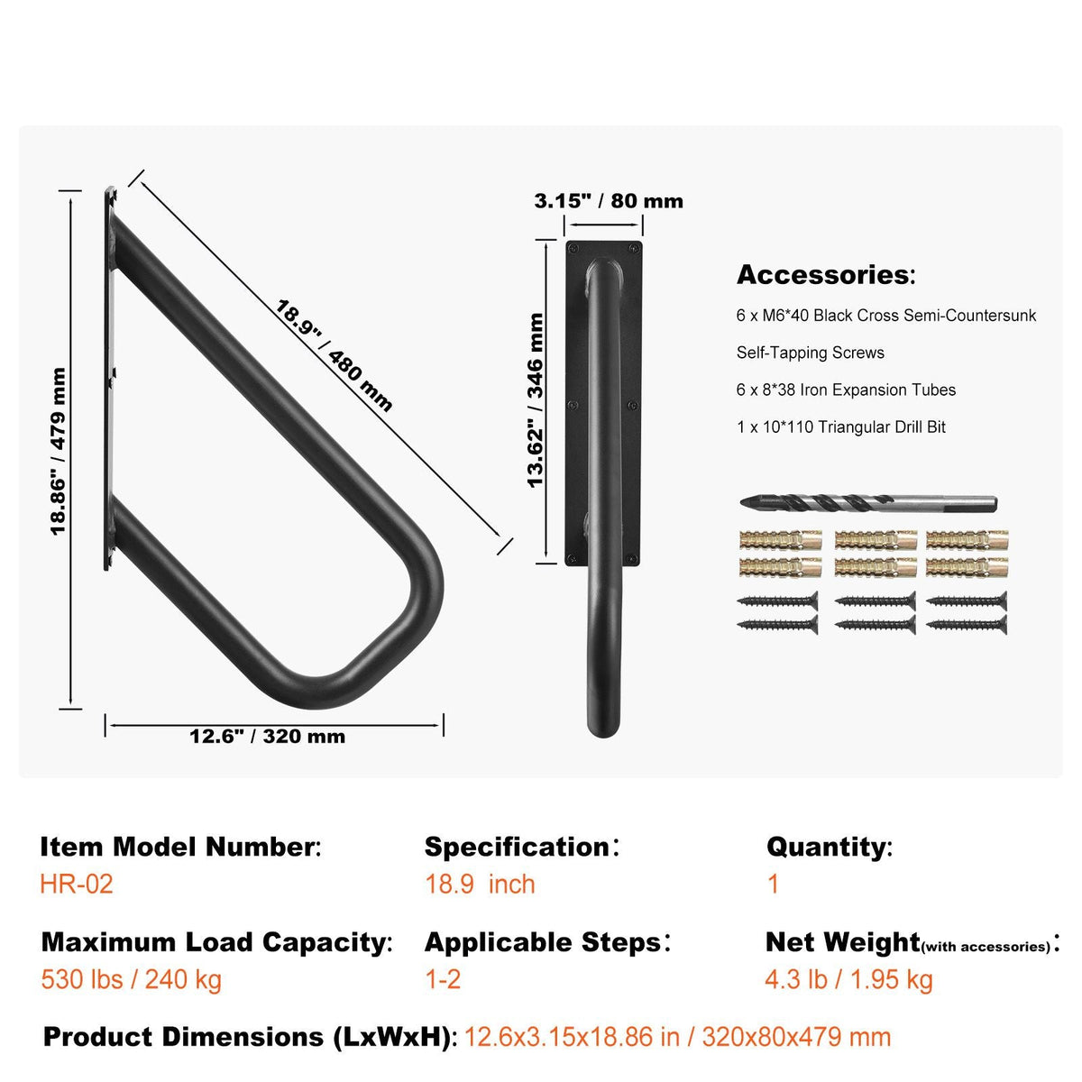Handrails for Outdoor Steps, 18.9" Length 1.3"Pipe Wall Mount Safety Railings for 1-2 Steps, Stair Handrail with Matte Black Finished,for Garden,Yard and Garage & Elderly,Pregnant Women, Disable