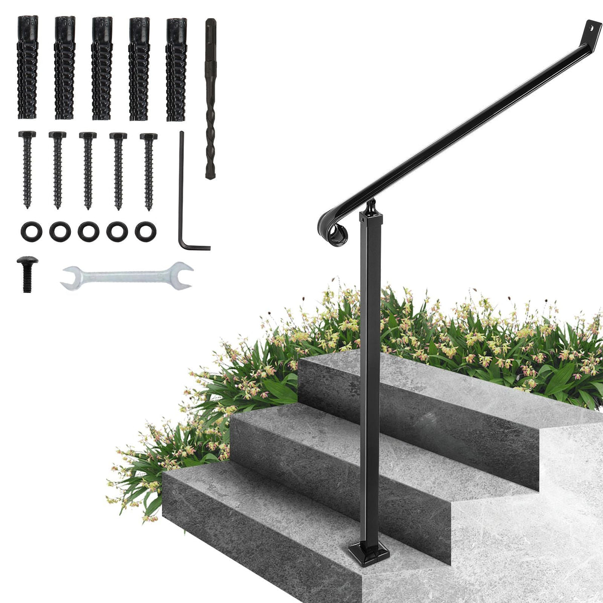 Handrails for Outdoor Steps 2-3 Step Railings Wrought Iron Handrail Stair Railings for Steps Black Iron Railings for Steps Wall and Floor Mounted with Installation Kit