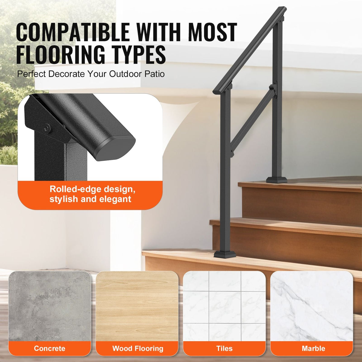 Handrails for Outdoor Steps, 2 PCS 2-3 Step Stair Hand Rail Kit, Transitional Carbon Steel Railings with Installation Kit, Stair Rails for Seniors, Concrete & Porch & Deck, Black Square Tube