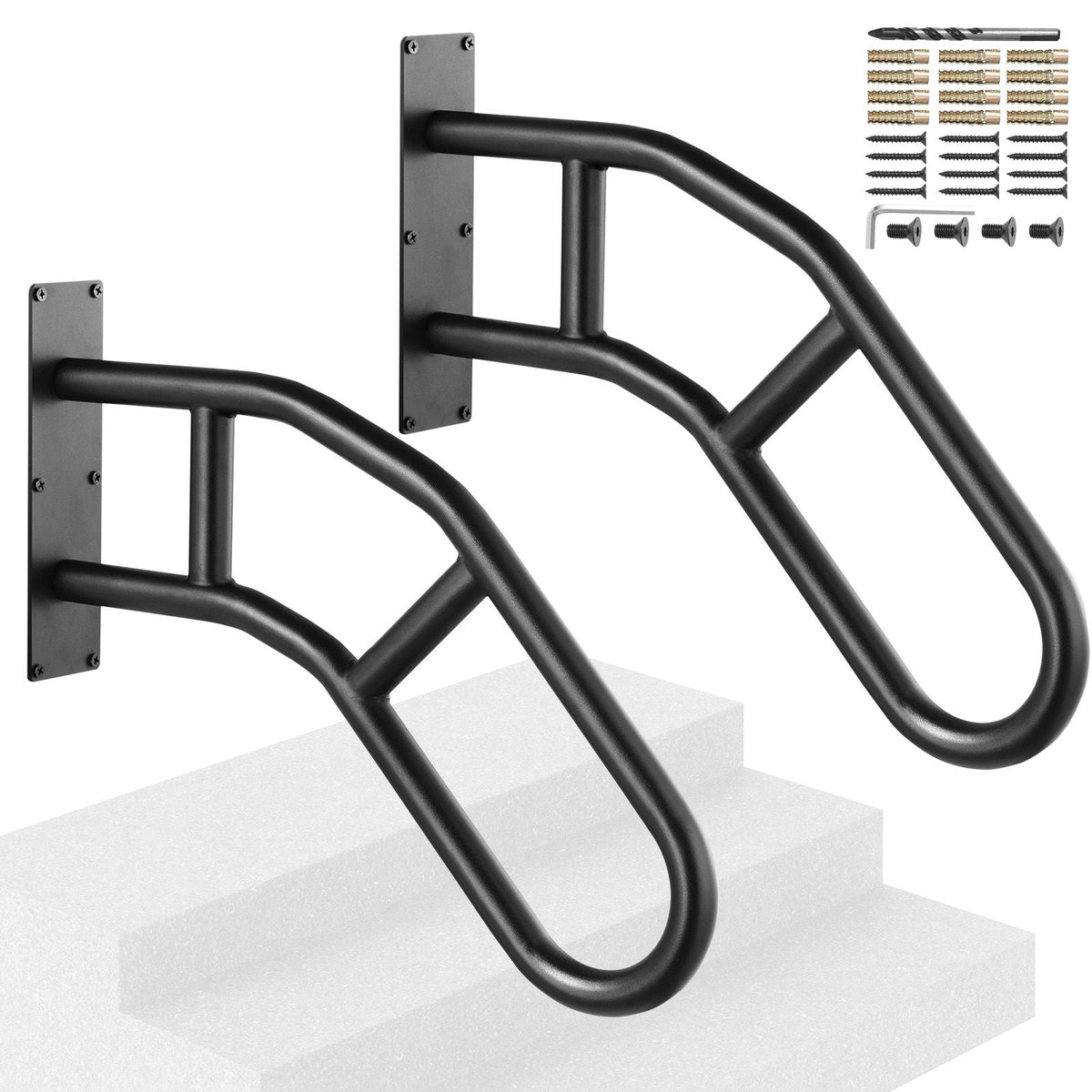 Handrails for Outdoor Steps, 29" Length Wall Mount Safety Railings for 1-3 Steps, U-Shaped Handrail with Matte Black Finished, Stair Handrails for Kids, Elderly, Pregnant Women, Disabled 2 PCS