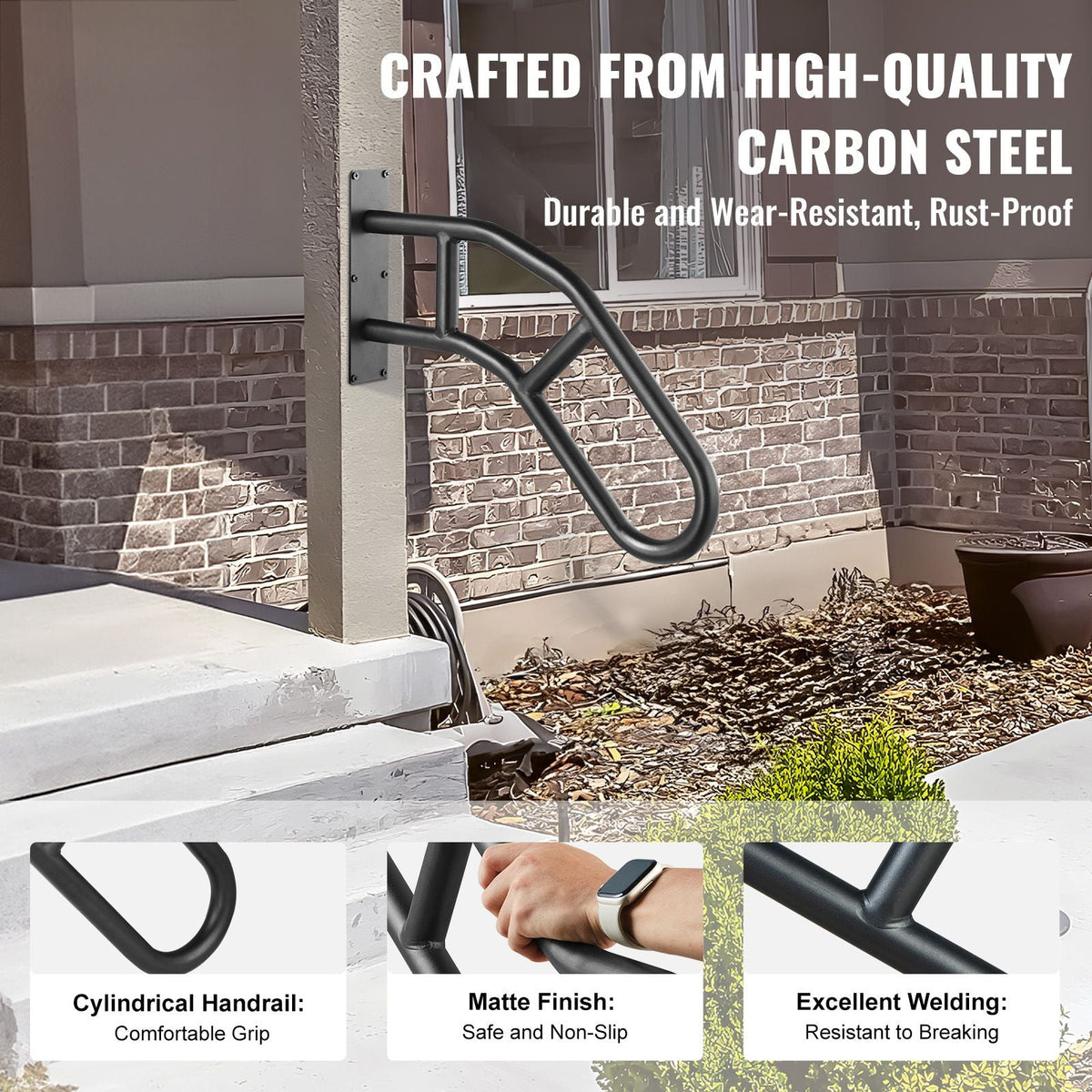 Handrails for Outdoor Steps, 29" Length Wall Mount Safety Railings for 1-3 Steps, U-Shaped Handrail with Matte Black Finished, Stair Handrails for Kids, Elderly, Pregnant Women, Disabled 2 PCS
