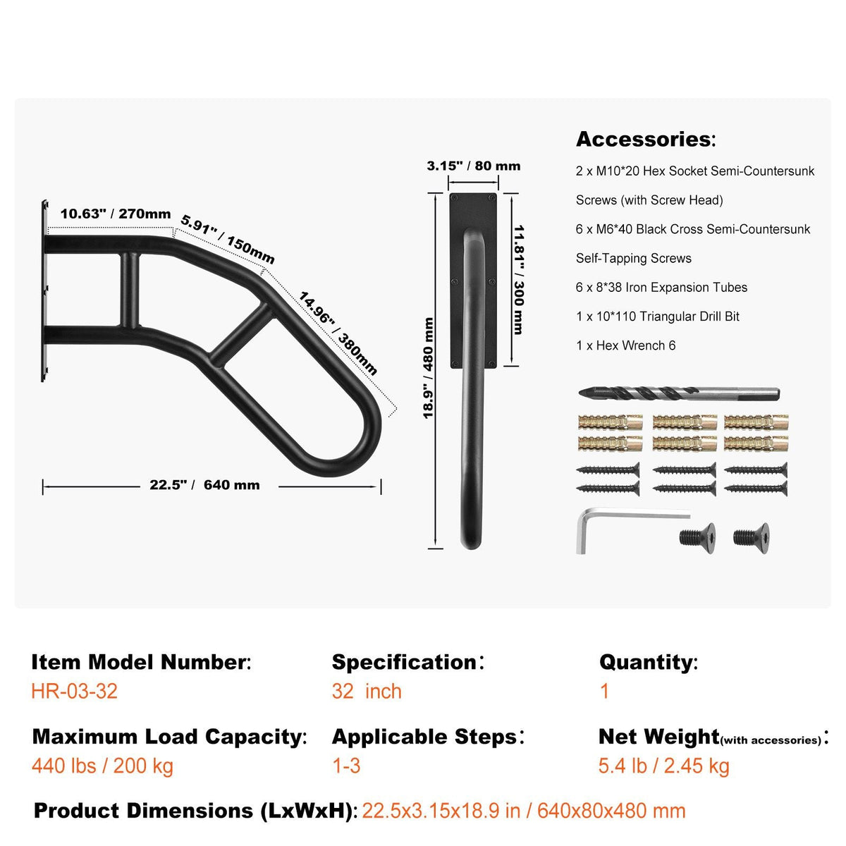 Handrails for Outdoor Steps, 32" Length Wall Mount Safety Railings for 1-3 Steps, U-Shaped Handrail with Matte Black Finished, Stair Handrails for Kids, Elderly, Pregnant Women, Disabled