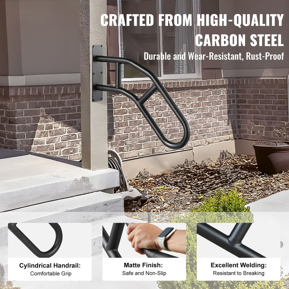 Handrails for Outdoor Steps, 32" Length Wall Mount Safety Railings for 1-3 Steps, U-Shaped Handrail with Matte Black Finished, Stair Handrails for Kids, Elderly, Pregnant Women, Disabled