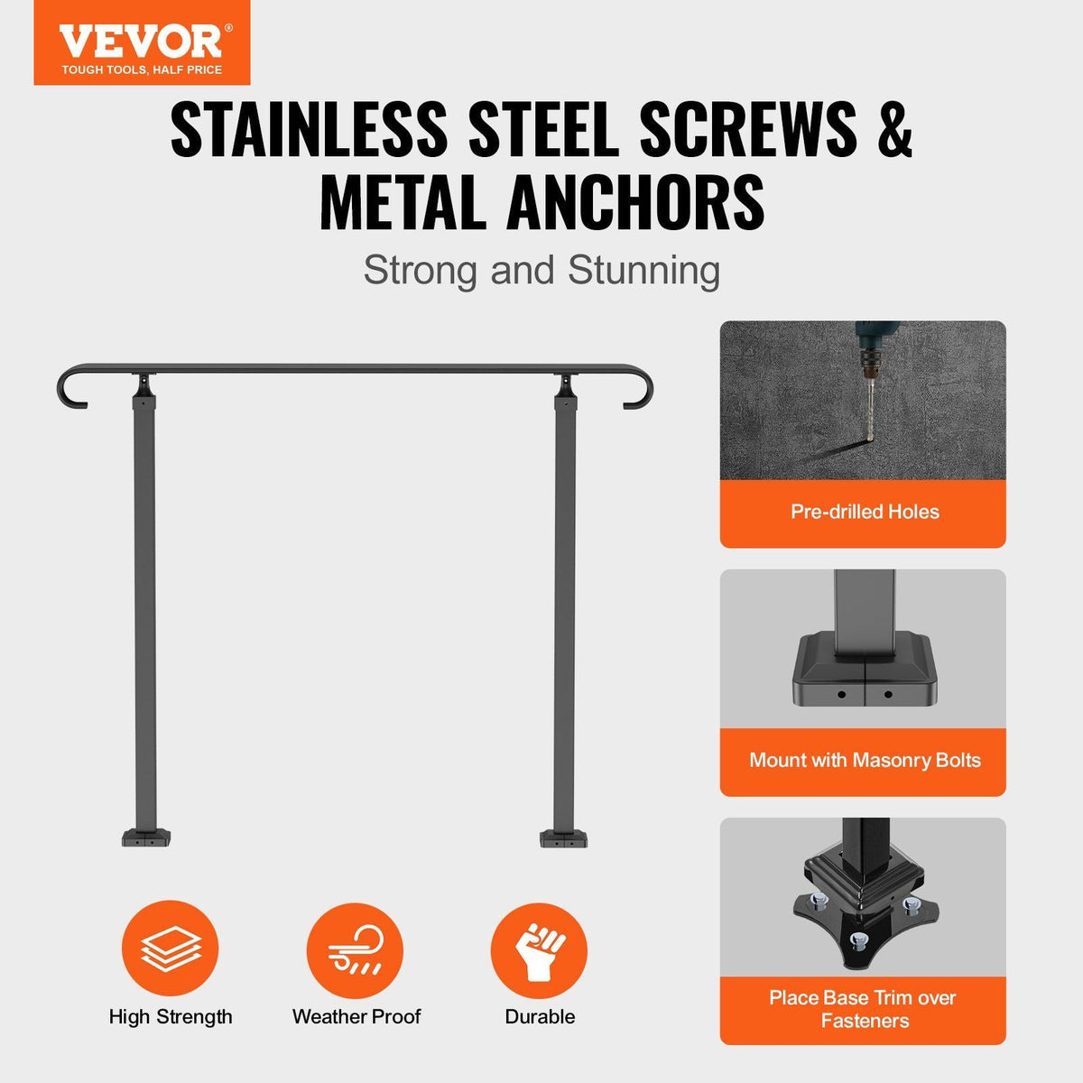 Handrails for Outdoor Steps, Fit 1-3 Steps Wrought Iron Handrail, Outdoor Stair Railing, Adjustable Front Porch Hand Rail, Black Transitional Hand railings for Concrete Steps or Wooden Stairs