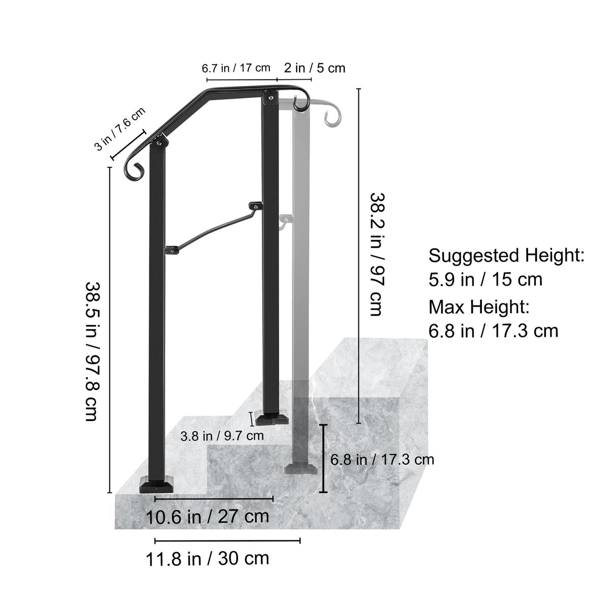 Handrails for Outdoor Steps, Fit 1 or 2 Steps Outdoor Stair Railing, Arch#1 Wrought Iron Handrail, Flexible Porch Railing, Black Transitional Handrails for Concrete Steps or Wooden Stairs