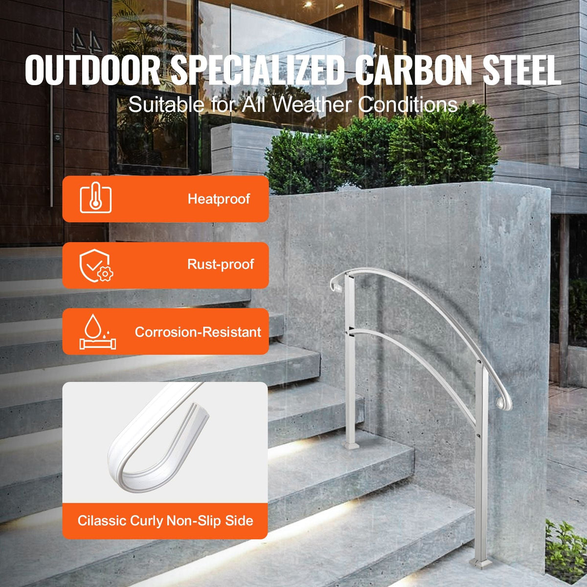 Handrails for Outdoor Steps, Fit 1 or 3 Steps Outdoor Stair Railing, White Wrought Iron Handrail, Flexible Front Porch Hand Rail, Transitional Handrails for Concrete Steps or Wooden Stairs